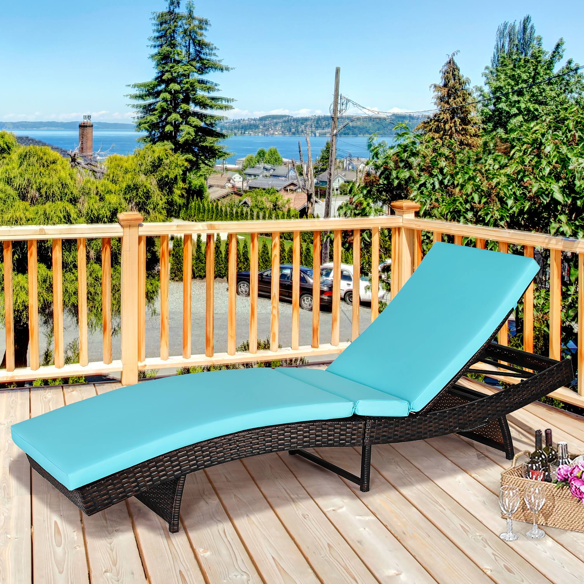 Alt View 1. Costway - Patio Rattan Folding Lounge Chair Chaise Adjustable W/Cushion - Turquoise.