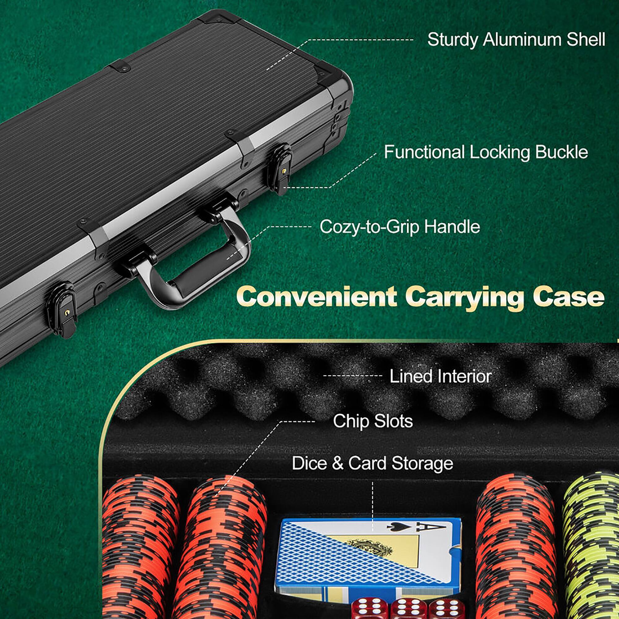 Sturdy Aluminum Shell  
Functional Locking Buckle  
Cozy-to-Grip Handle  
Convenient Carrying Case  
Lined Interior  
Chip Slots  
Dice & Card Storage
