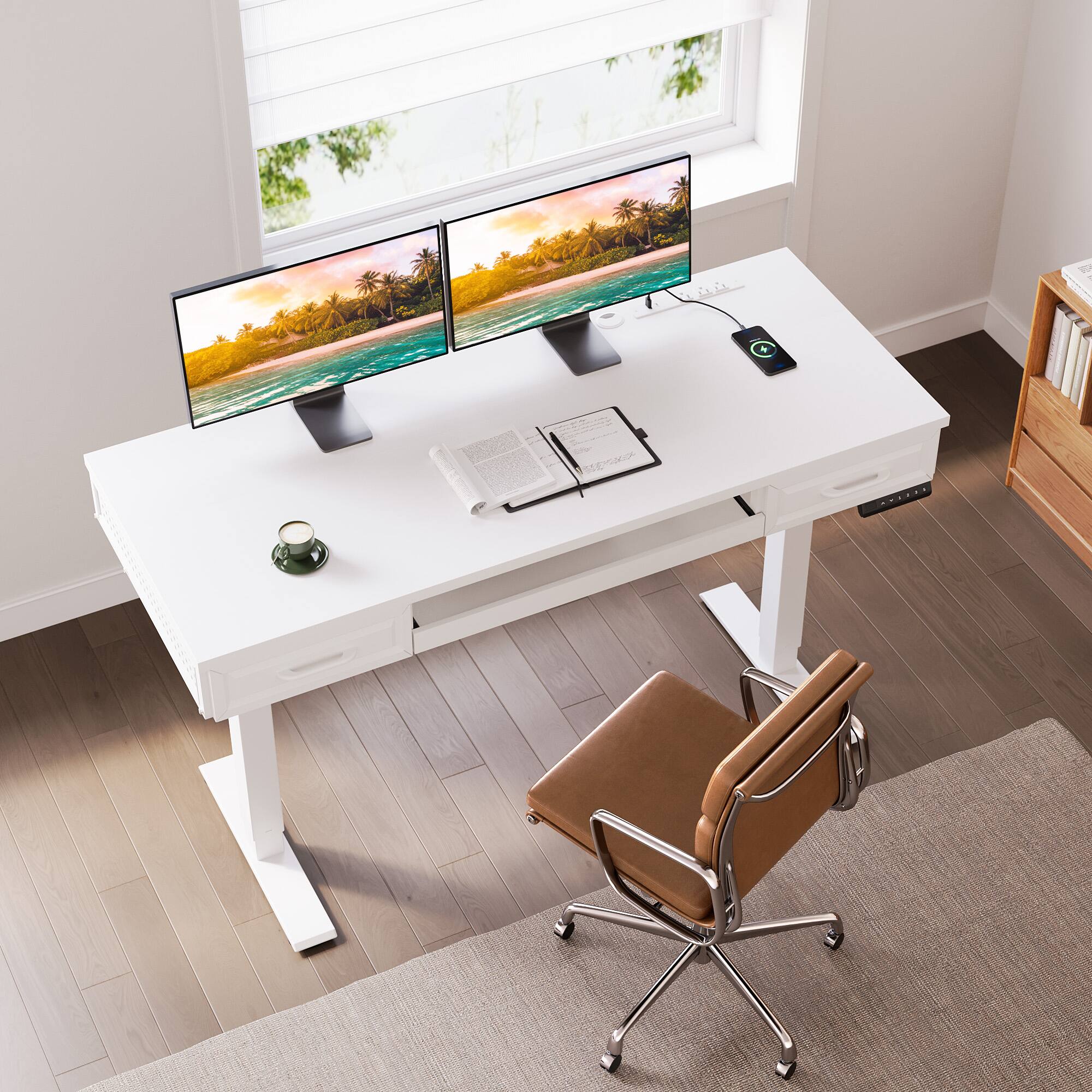 Alt View 1. AODK - Adjustable Height Standing Desk With Keyboard Tray and Wooden Drawers - White.