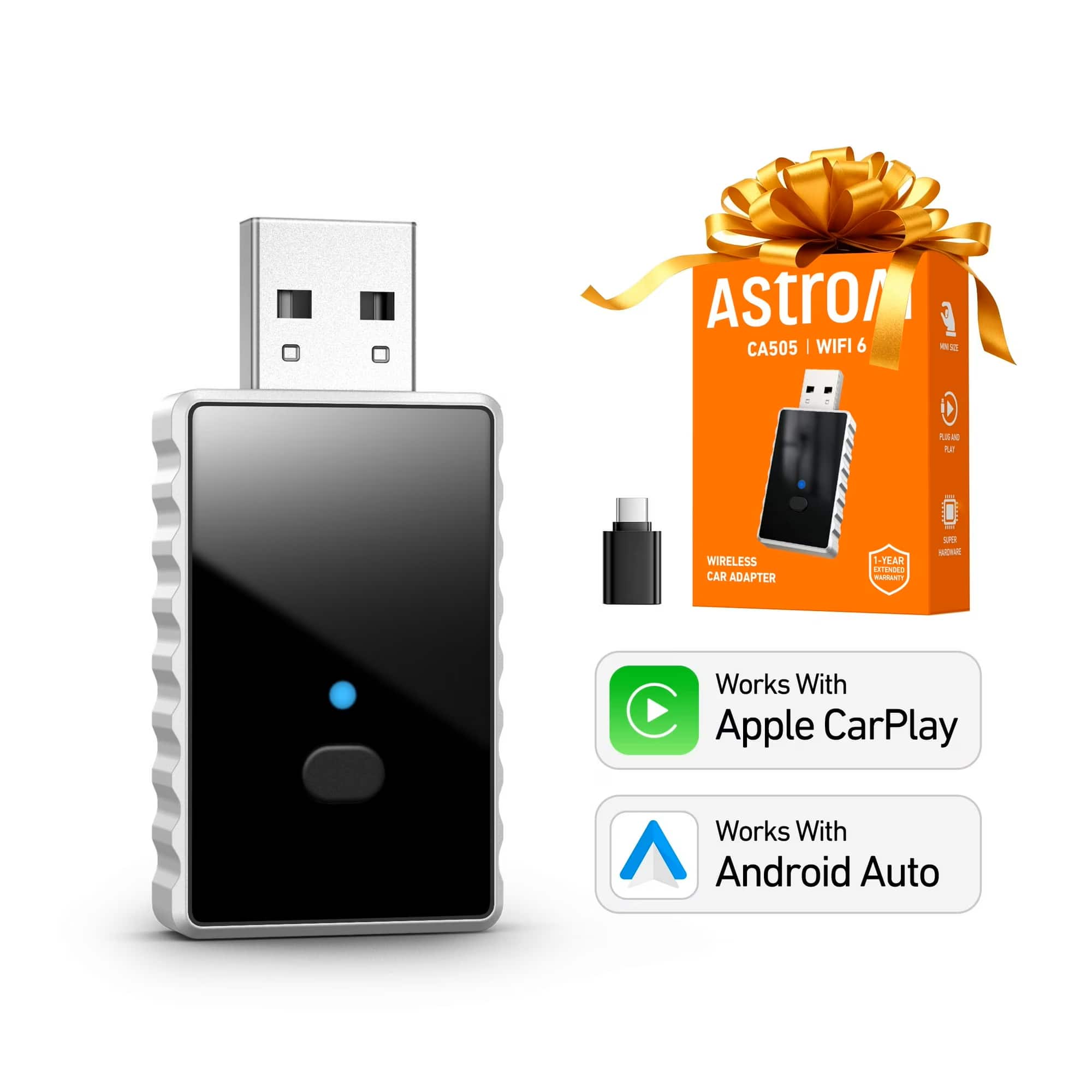 AstroAI - 2-in-1 wireless CarPlay & Android Auto adapter converts wired to wireless, plug & play, glass panel, metal design - Black
