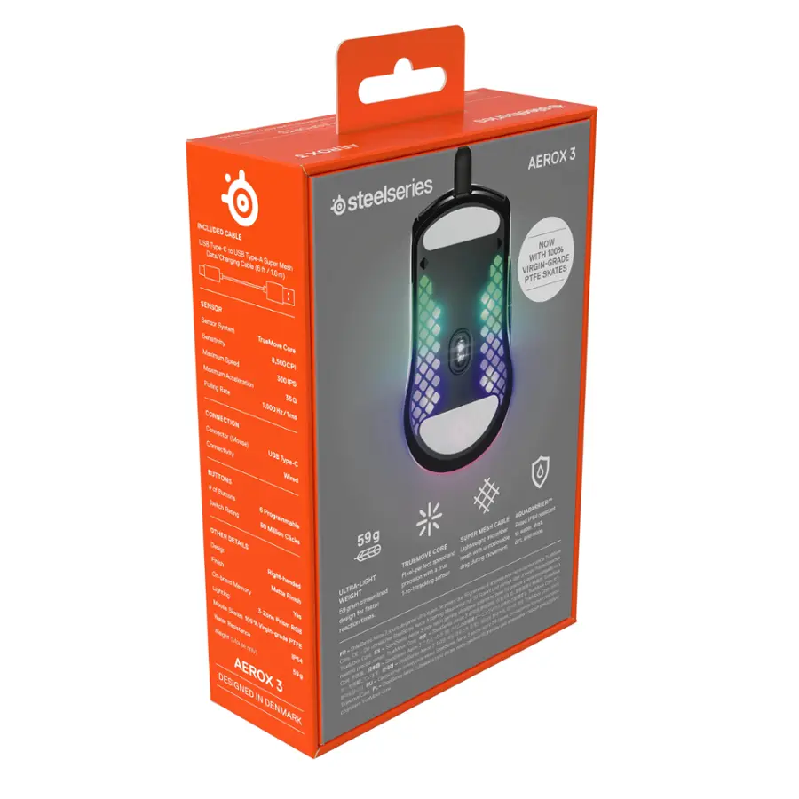 The box contains a Steelseries Aerox 3 mouse, which is designed with a mesh design and features a 100% virgin-grade PTFE sensor. The mouse is equipped with a super-cute design and comes with a 2.0m braided cable. The box also includes a user guide and a warranty card.