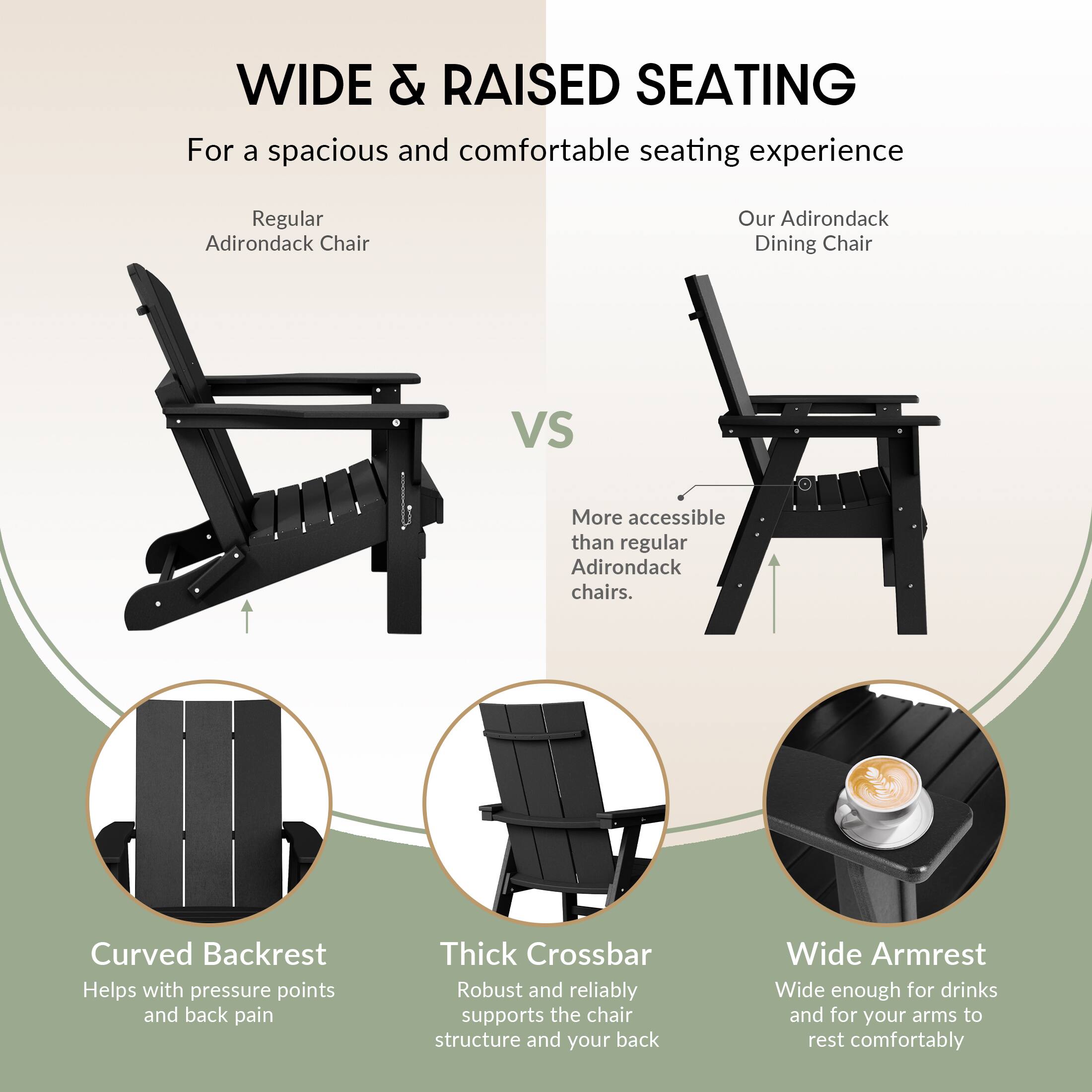 WIDE & RAISED SEATING  
For a spacious and comfortable seating experience

Regular Adirondack Chair  
VS  
Our Adirondack Dining Chair  
More accessible than regular Adirondack chairs.

- Curved Backrest  
  Helps with pressure points and back pain

- Thick Crossbar  
  Robust and reliably supports the chair structure and your back

- Wide Armrest  
  Wide enough for drinks and for your arms to rest comfortably
