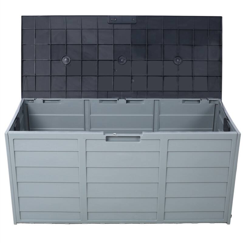 Angle. HTUTWOO - Pool Deck Box Storage - 75 Gallon Resin Deck Box with Wheels, Waterproof Organization and Storage for Tools Pool Toys - Gray.