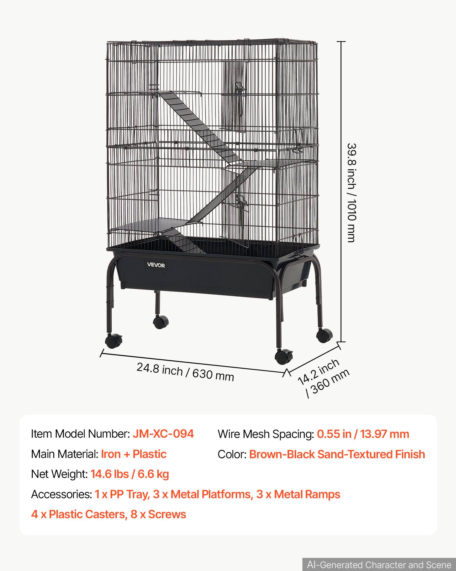 VEVOR

39.8 inch / 1010 mm  
24.8 inch / 630 mm  
14.2 inch / 360 mm  

Item Model Number: JM-XC-094  
Wire Mesh Spacing: 0.55 in / 13.97 mm  
Main Material: Iron + Plastic  
Color: Brown-Black Sand-Textured Finish  

Net Weight: 14.6 lbs / 6.6 kg  
Accessories: 1x PP Tray, 3x Metal Platforms, 3x Metal Ramps, 4x Plastic Casters, 8x Screws  

AI-Generated Character and Scene