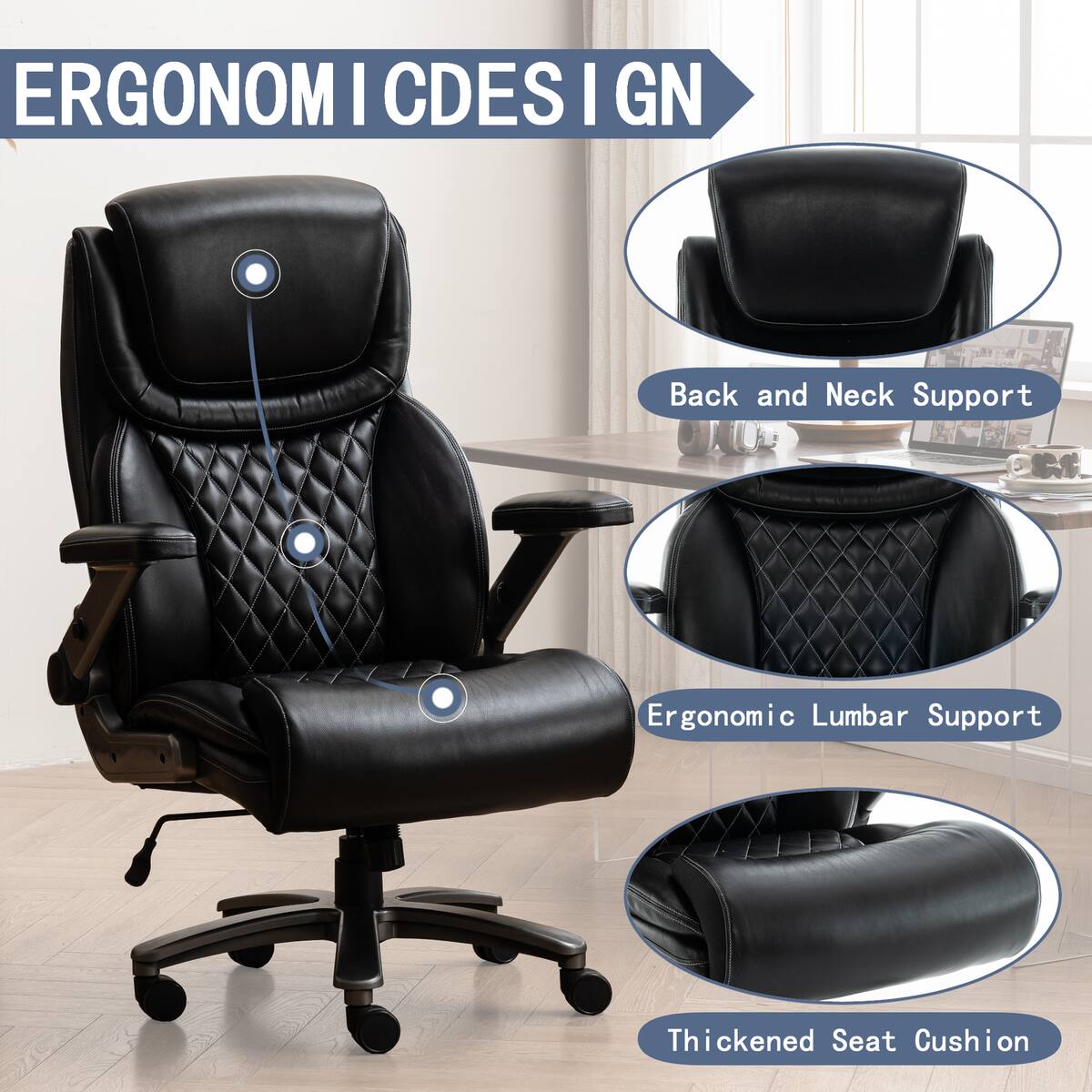 ERGONOM | CDES | GN

- Back and Neck Support
- Ergonomic Lumbar Support
- Thickened Seat Cushion