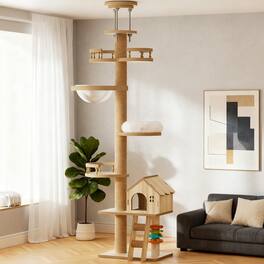Siljoy - Floor to Ceiling Cat Tree, Adjustable Height 98-110 Inch Cat Tower with Scratching Post, Wood Condo Bed & Hammock