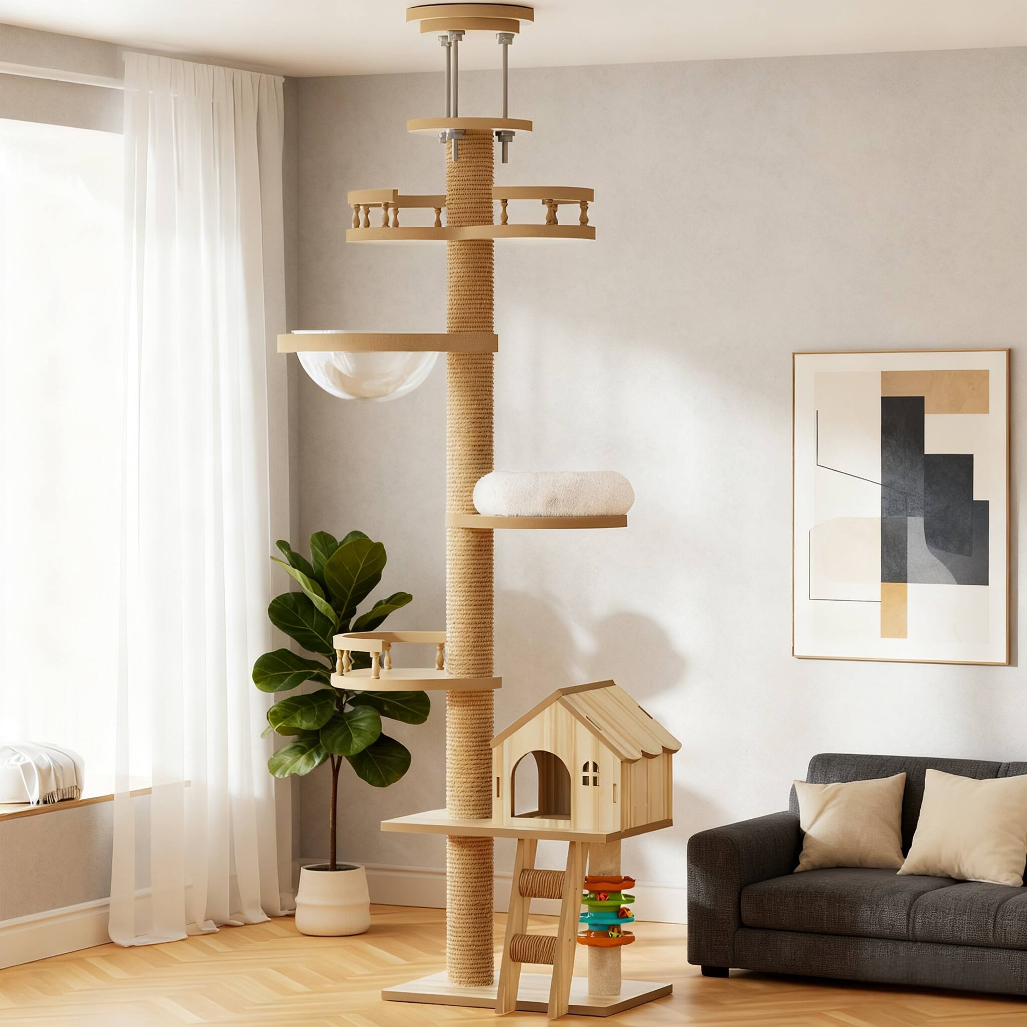 Front. Siljoy - Floor to Ceiling Cat Tree, Adjustable Height 98-110 Inch Cat Tower with Scratching Post, Wood Condo Bed & Hammock.