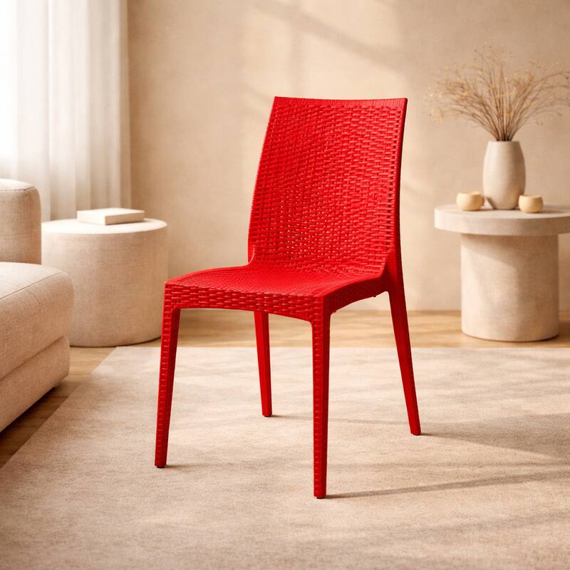 Angle. LeisureMod - Mace Stackable Outdoor Dining Chair - Weather-Resistant Wicker Weave - Red.