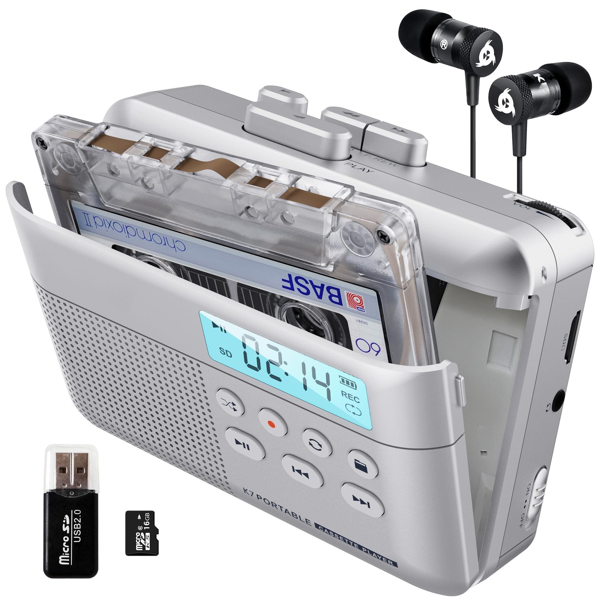 VEGA AUTOMOTIVE - K7 Cassette Tape Player To Mp3 Converter Portable Built in Microphone Rechargeable Earphones 16gb Sd Card - Silver