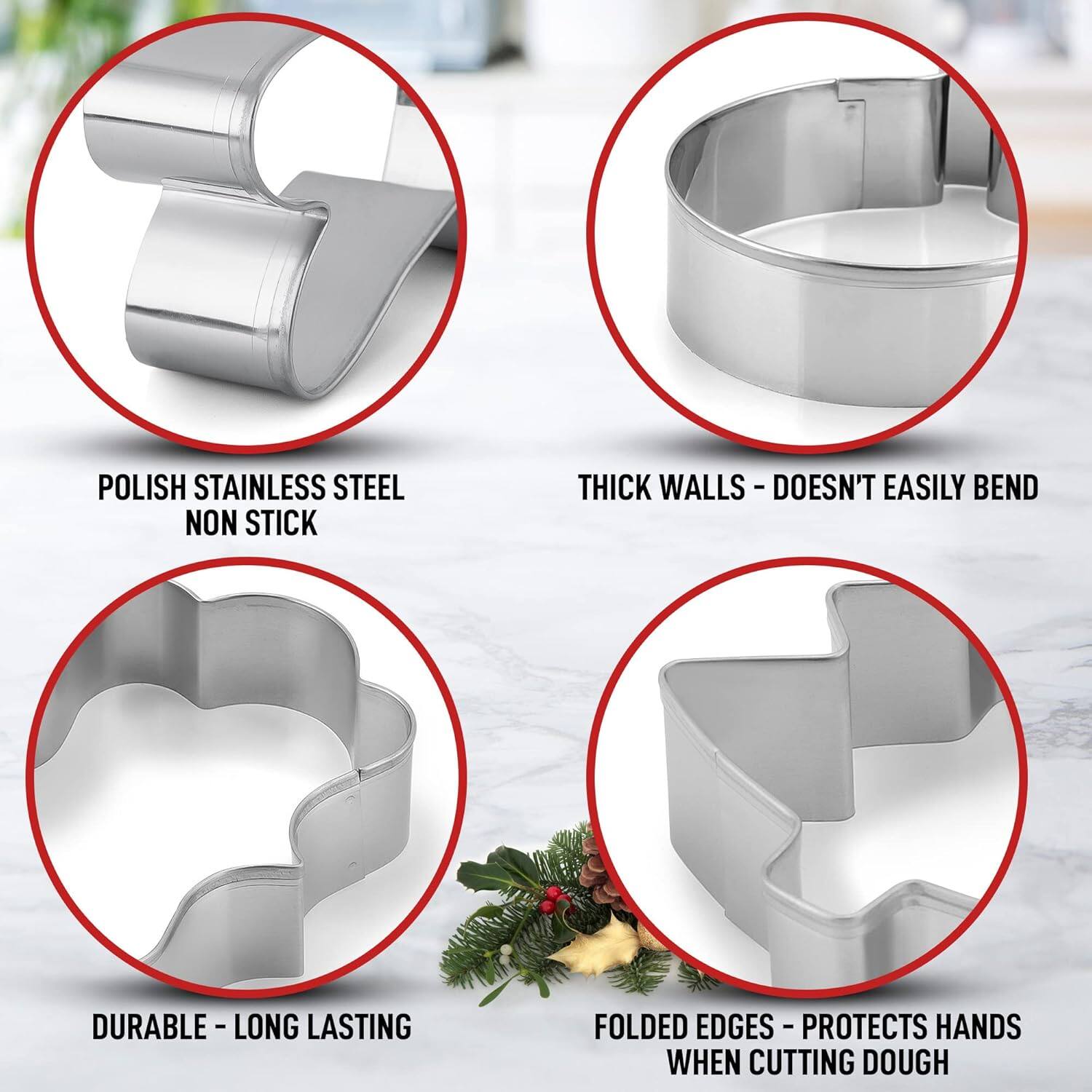 POLISH STAINLESS STEEL NON STICK  
THICK WALLS - DOESN'T EASILY BEND  
DURABLE - LONG LASTING  
FOLDED EDGES - PROTECTS HANDS WHEN CUTTING DOUGH