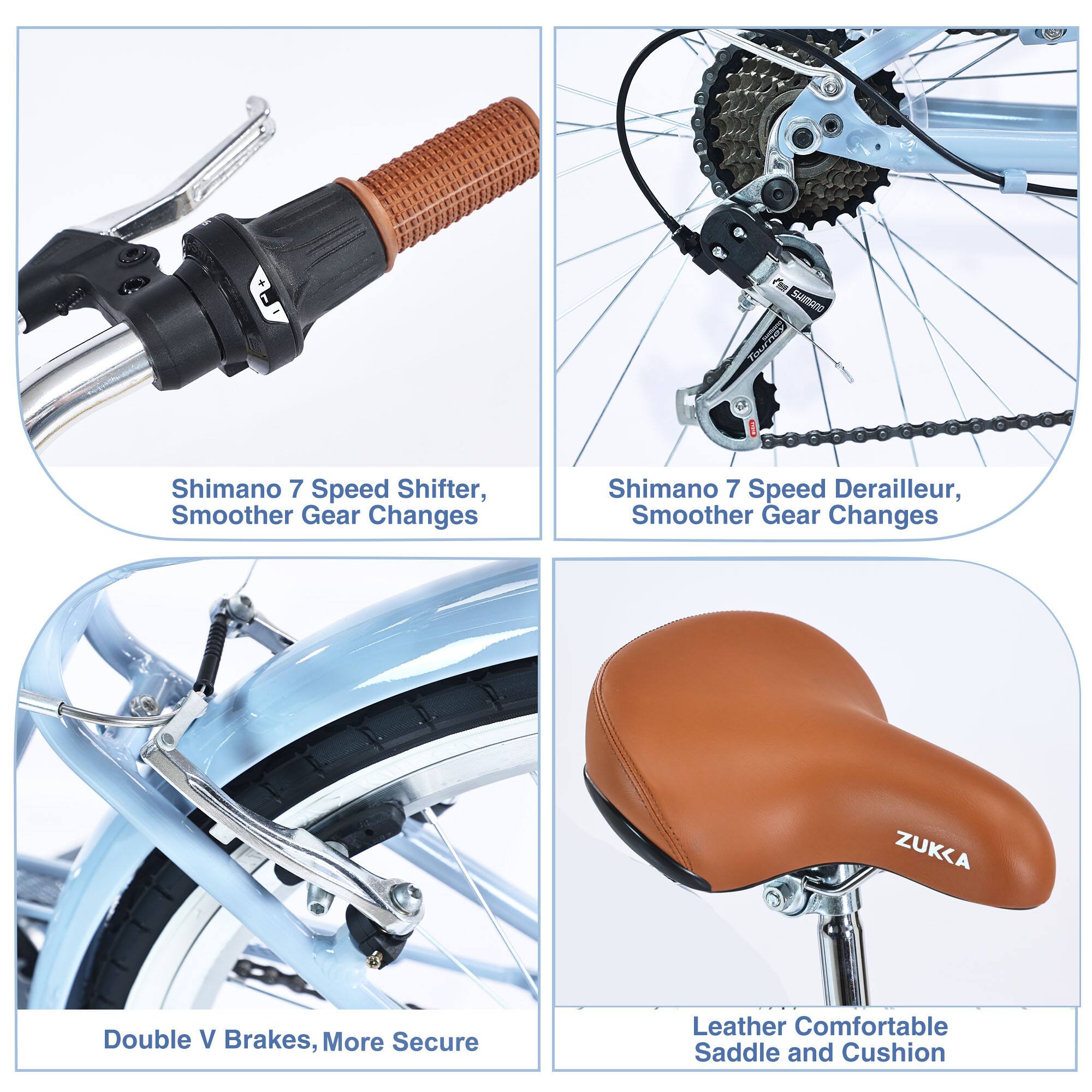 - Shimano 7 Speed Shifter, Smoother Gear Changes
- Shimano 7 Speed Derailleur, Smoother Gear Changes
- Double V Brakes, More Secure
- Leather Comfortable Saddle and Cushion