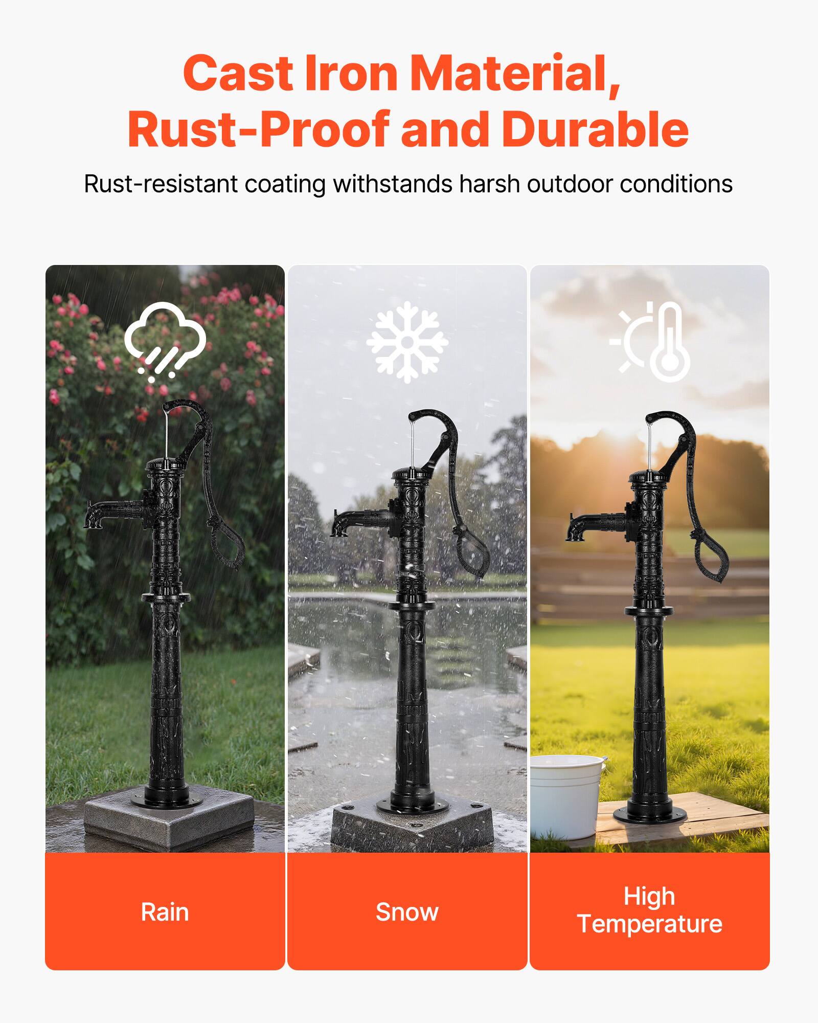 Cast Iron Material, Rust-Proof and Durable

Rust-resistant coating withstands harsh outdoor conditions

Rain Snow High Temperature