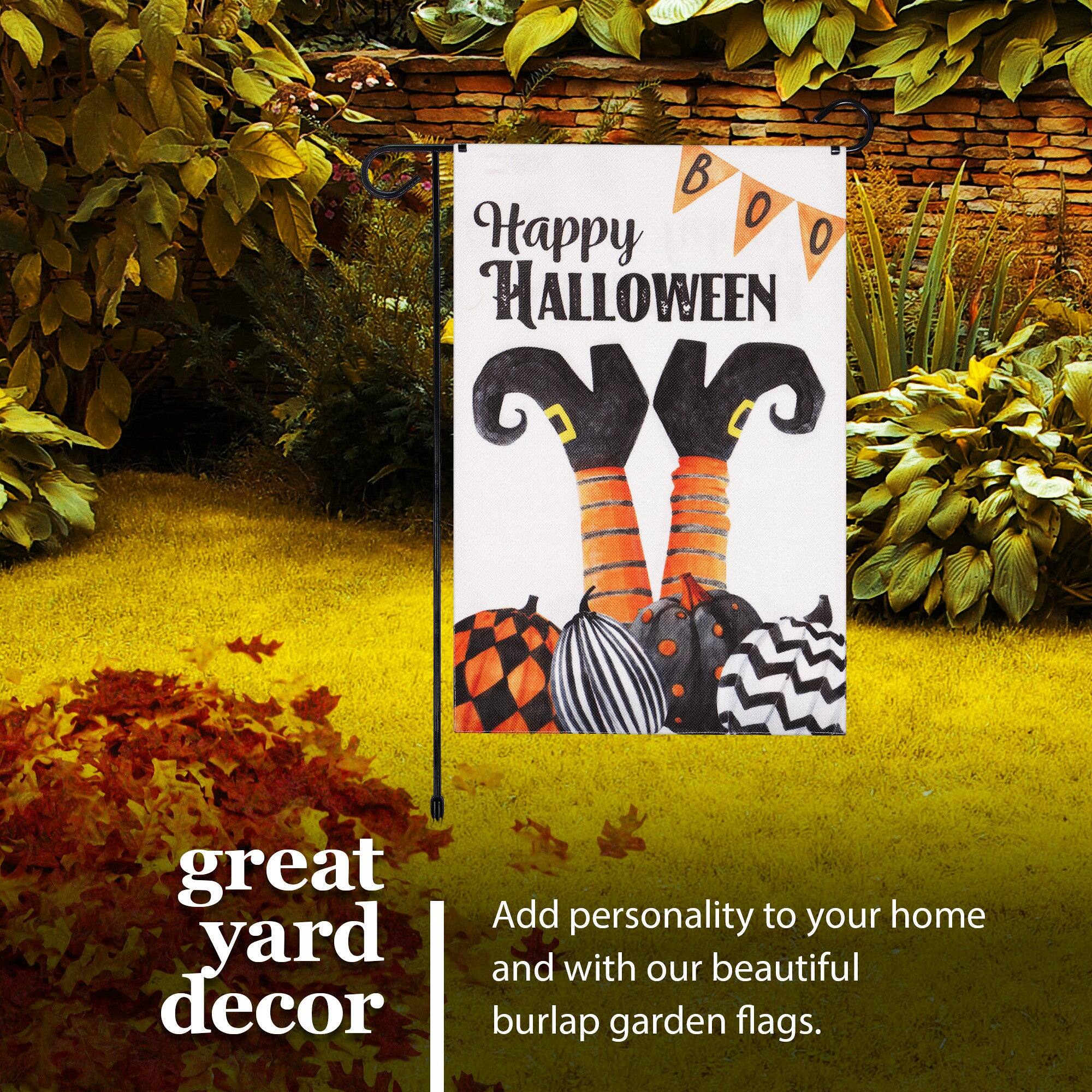 Happy BOO O O HALLOWEEN  
great yard decor  
Add personality to your home and with our beautiful burlap garden flags.