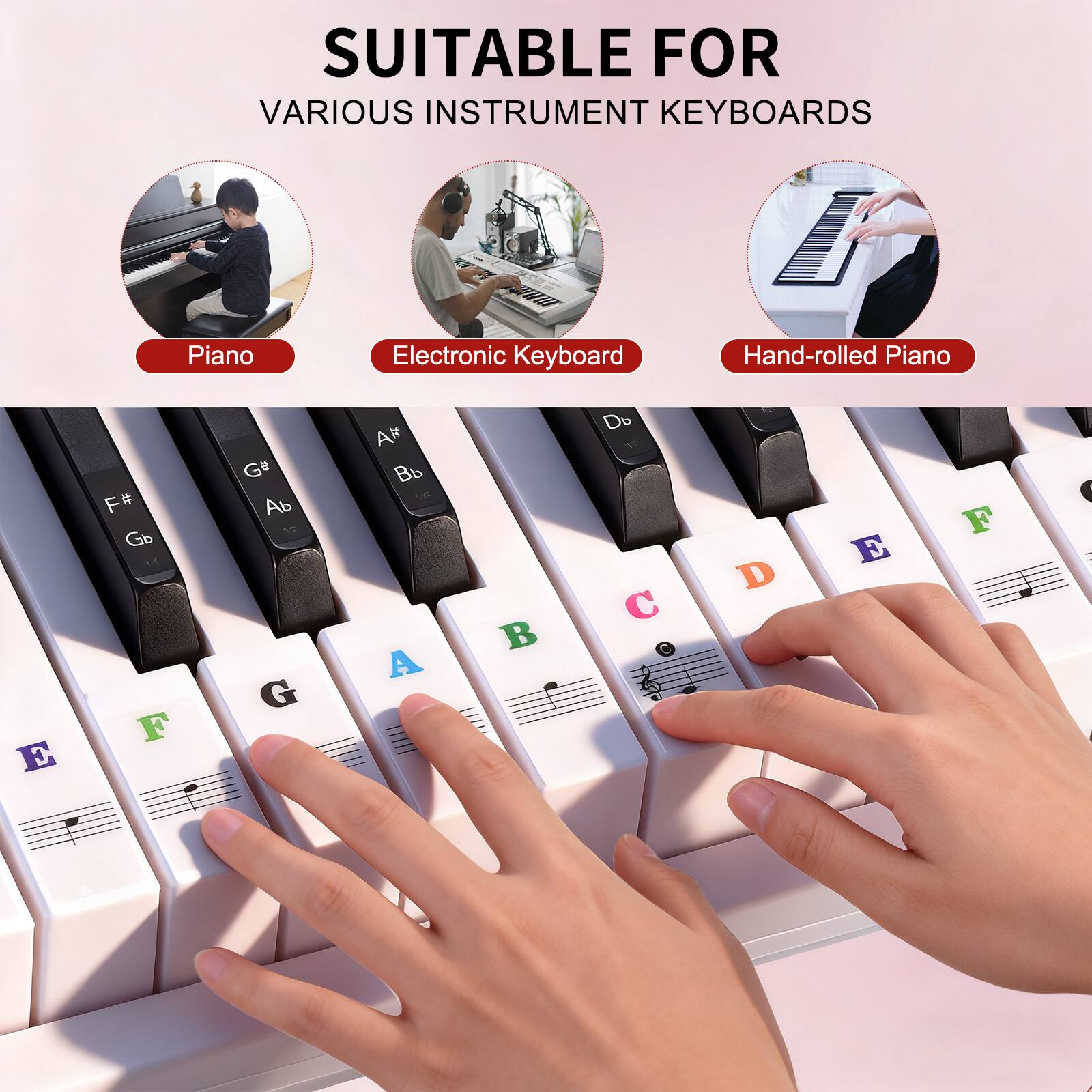 SUITABLE FOR  
VARIOUS INSTRUMENT KEYBOARDS

Piano  
Electronic Keyboard  
Hand-rolled Piano

C D E F G A B  
C# D# F# G# A#  
Db Eb Gb Ab Bb