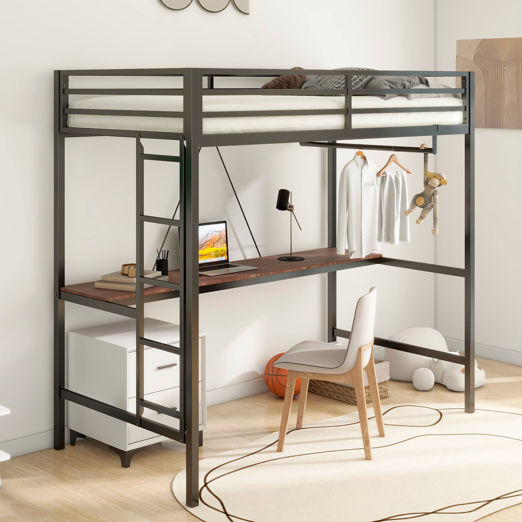Alt View 1. Ecooso - Twin Loft Bed Cinnamon Wood Desk and Closet Rod for Adult and Kids, Loft Bed with Easy Climbing Ladder and Guardrails - Black.