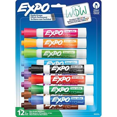 Sure, here is the corrected and grouped text from the image:

**Top Left:**
- EXPO
- Easily Erases
- Se Borra con Facilidad
- Efface Facilement

**Top Right:**
- WOW
- Our Most Vibrant Ink Yet!
- Notre Encre la Plus Vibrante!
- ¡Nuestra Tinta Más Vibrante!

**On the Markers:**
- EXPO
- low odor
- dry erase
- chisel

**Bottom Left:**
- 12 CT
- Dry Erase Markers
- Marqueurs Effaçables à Sec
- Marcadores Borrables

**Bottom Right:**
- B009PA

**Additional Text:**
- Chisel Tip
- Puntilla de Chisel