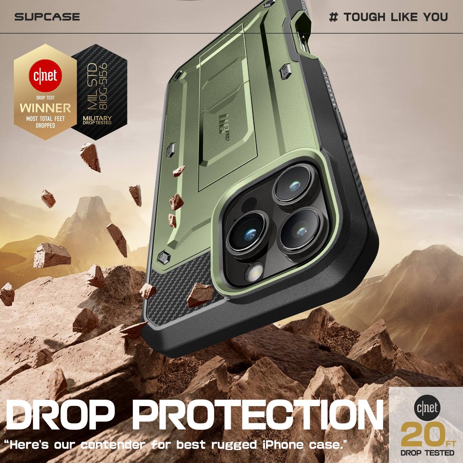 Here's the corrected and grouped text from the image:

---

**SUPCASE**

**# TOUGH LIKE YOU**

**DROP PROTECTION**

**"Here's our contender for best rugged iPhone case."**

**20 FT DROP TESTED**

**c/net WINNER**

**MOST TOTAL FEET DROPPED**

**MIL-STD 810G-516.6**

**MILITARY DROP TESTED**

**c/net DROP TEST**

**DROP TEST**

**WINNER**

**MOST TOTAL FEET DROPPED**

---

This text highlights the ruggedness and durability of the SUPCASE phone case, emphasizing its military-grade drop protection and its recognition as a winner in drop tests.