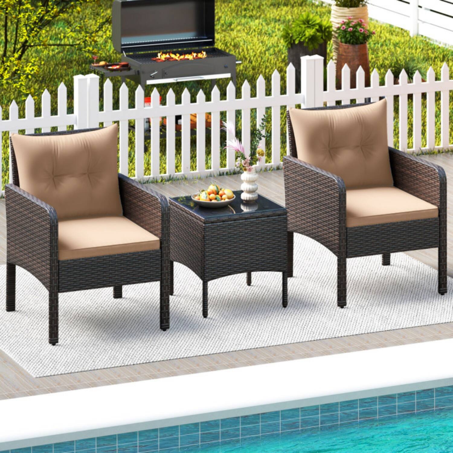 Alt View 2. Mondawe - Compact Freestanding Patio PE Wicker Set with Cushions 2 Chairs & Table 3-Piece - Mix Brown+Beige.