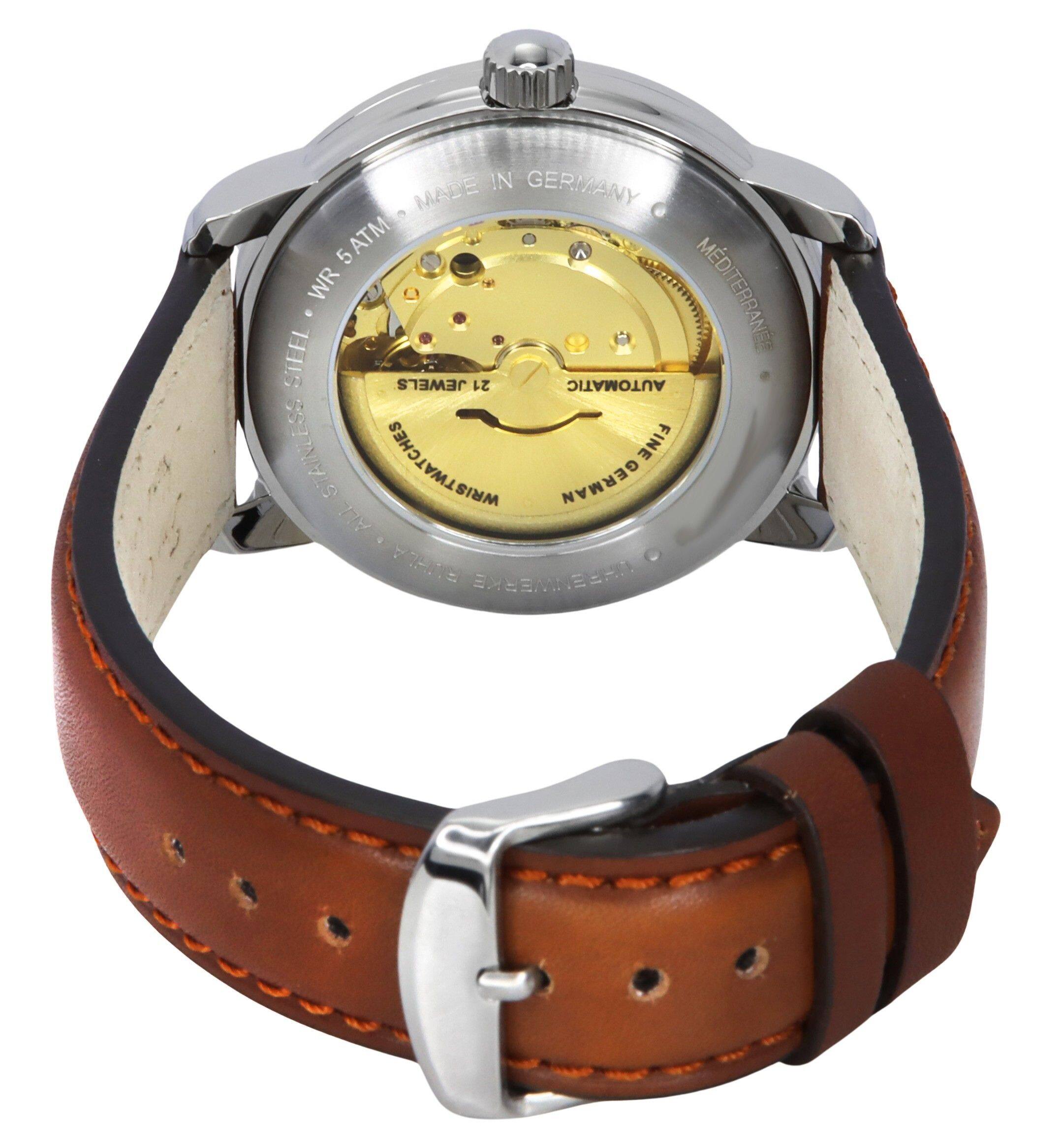 IN GERMANY MADE  
WR 5ATM  
MEDITERRAN  
STEEL JEWELS 21  
AUTOMATIC  
STAINLESS  
GERMAN BUELA  
EXCELLENT