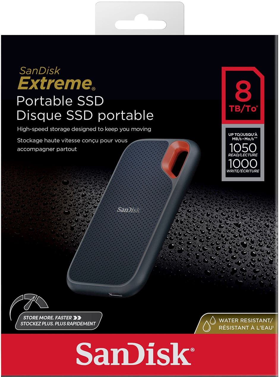 SanDisk Extreme Portable SSD is a high-speed storage device designed to keep you moving. It offers up to 8TB of storage and is water-resistant, making it a reliable choice for your daily activities. With read and write speeds of up to 1050MB/s, this SSD is perfect for stocking up on your favorite media and ensuring that you can access your files quickly and efficiently.