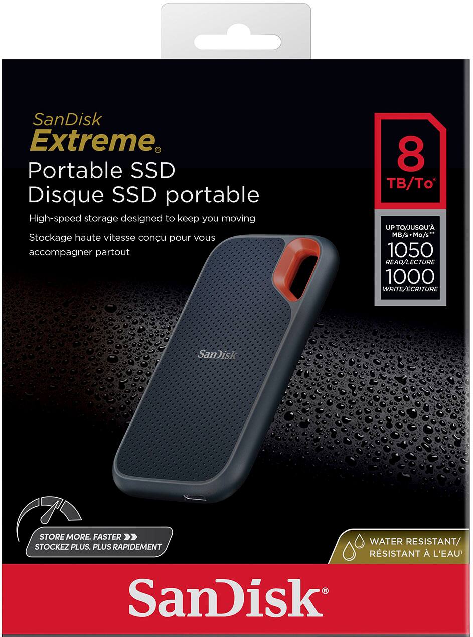 SanDisk Extreme Portable SSD is a high-speed storage device designed to keep you moving. It offers up to 8TB of storage and is water-resistant, making it a reliable choice for your daily activities. With read and write speeds of up to 1050MB/s, this SSD is perfect for stocking up on your favorite media and ensuring that you can access your files quickly and efficiently.