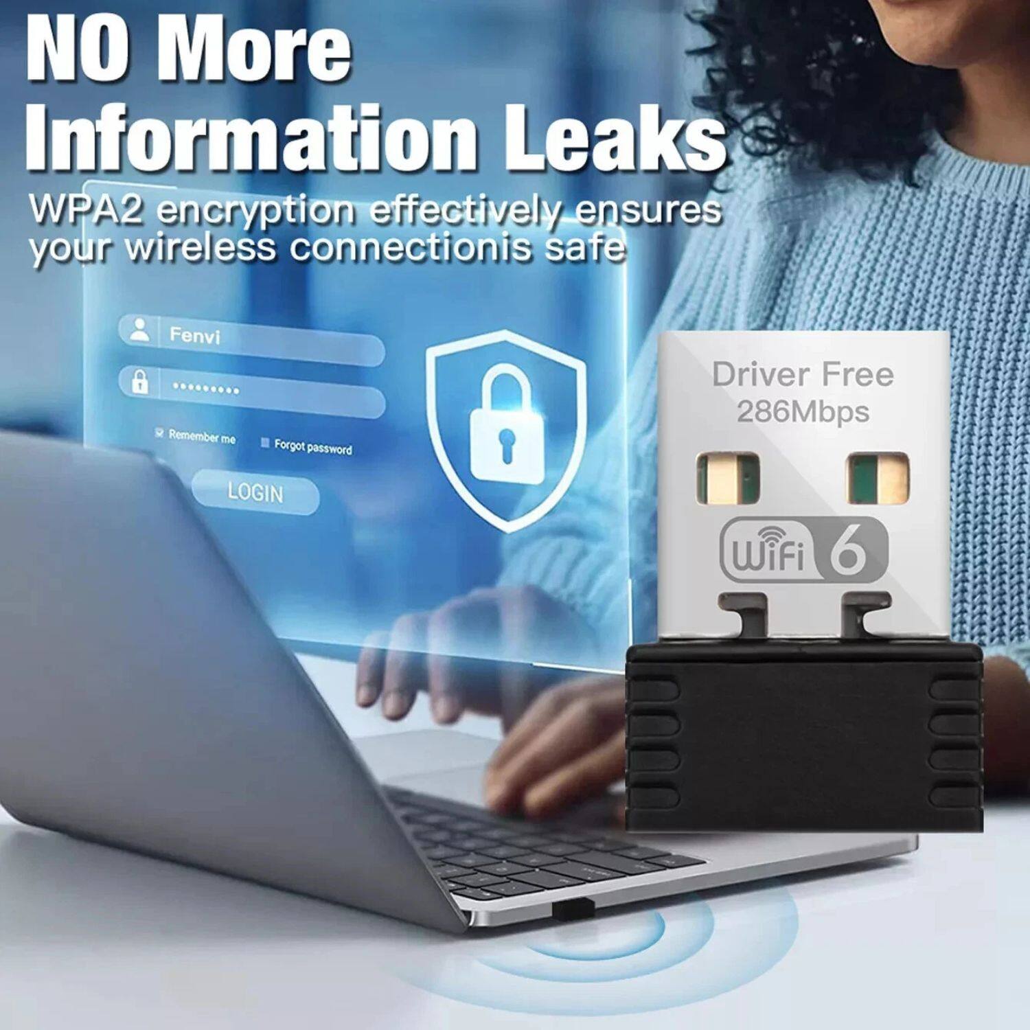 NO More Information Leaks  
WPA2 encryption effectively ensures your wireless connection is safe  

Fenvi  
Remember me  
Forgot password  
LOGIN  

Driver Free  
286Mbps  
WiFi 6