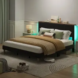 Bestier - Bed Frame -King Size Bed With LED Light & Adjustable Storage Headboard for Bedroom Upholstered Platform - Black