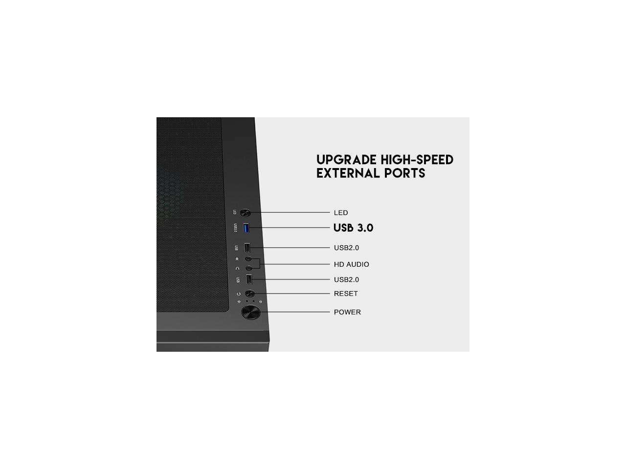 UPGRADE HIGH-SPEED EXTERNAL PORTS

- LED
- USB 3.0
- USB 2.0
- HD AUDIO
- USB 2.0
- RESET
- POWER