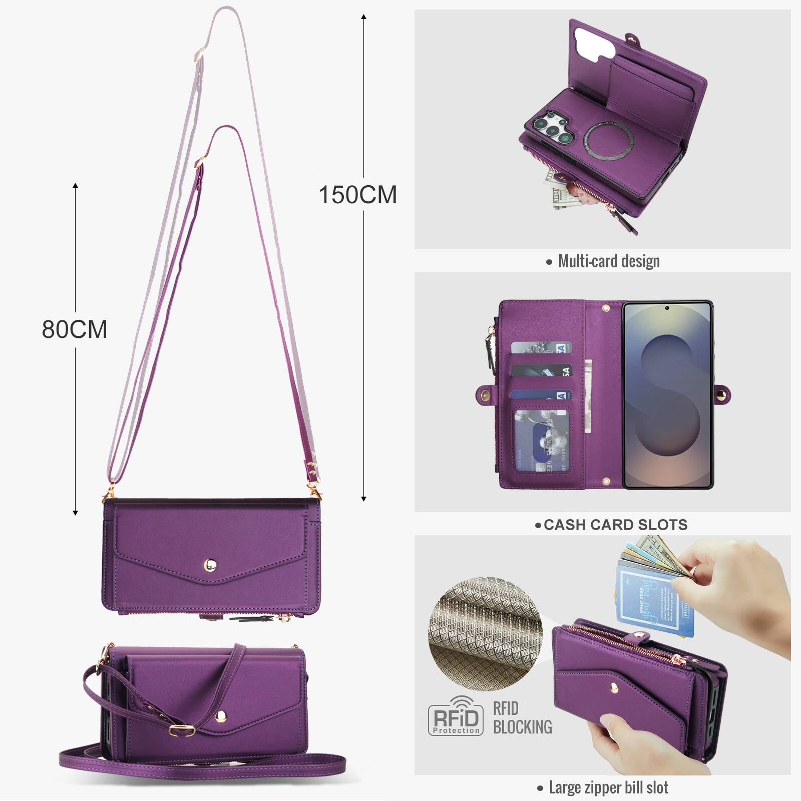150CM Multi-card design  
80CM A SA CASH CARD SLOTS RFID RFiD Protection BLOCKING Large zipper bill slot