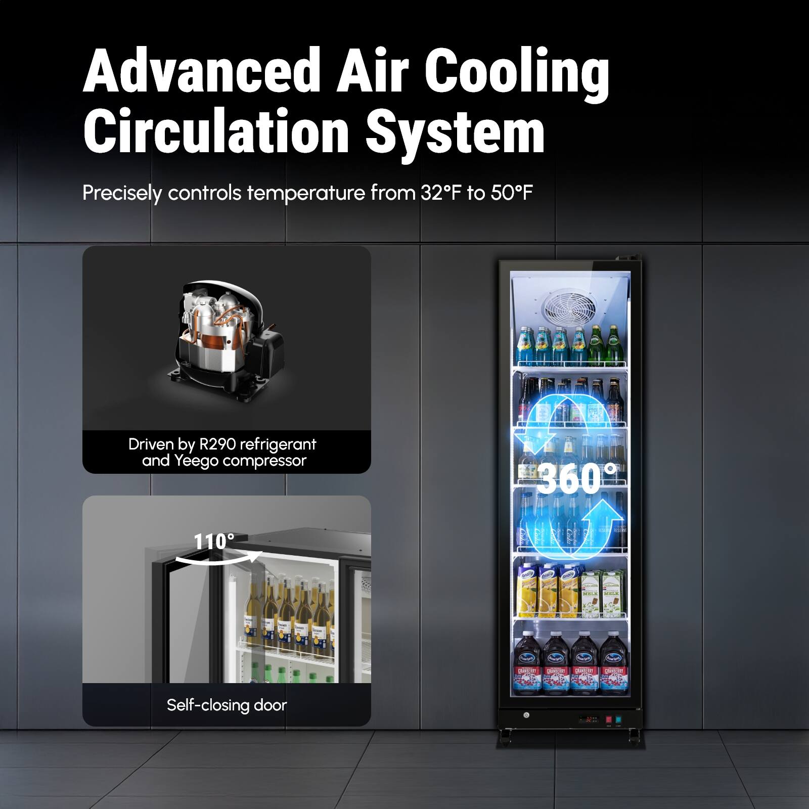 Advanced Air Cooling Circulation System  
Precisely controls temperature from 32°F to 50°F  
Driven by R290 refrigerant and Yeego compressor  
360°  
110 W  
Self-closing door