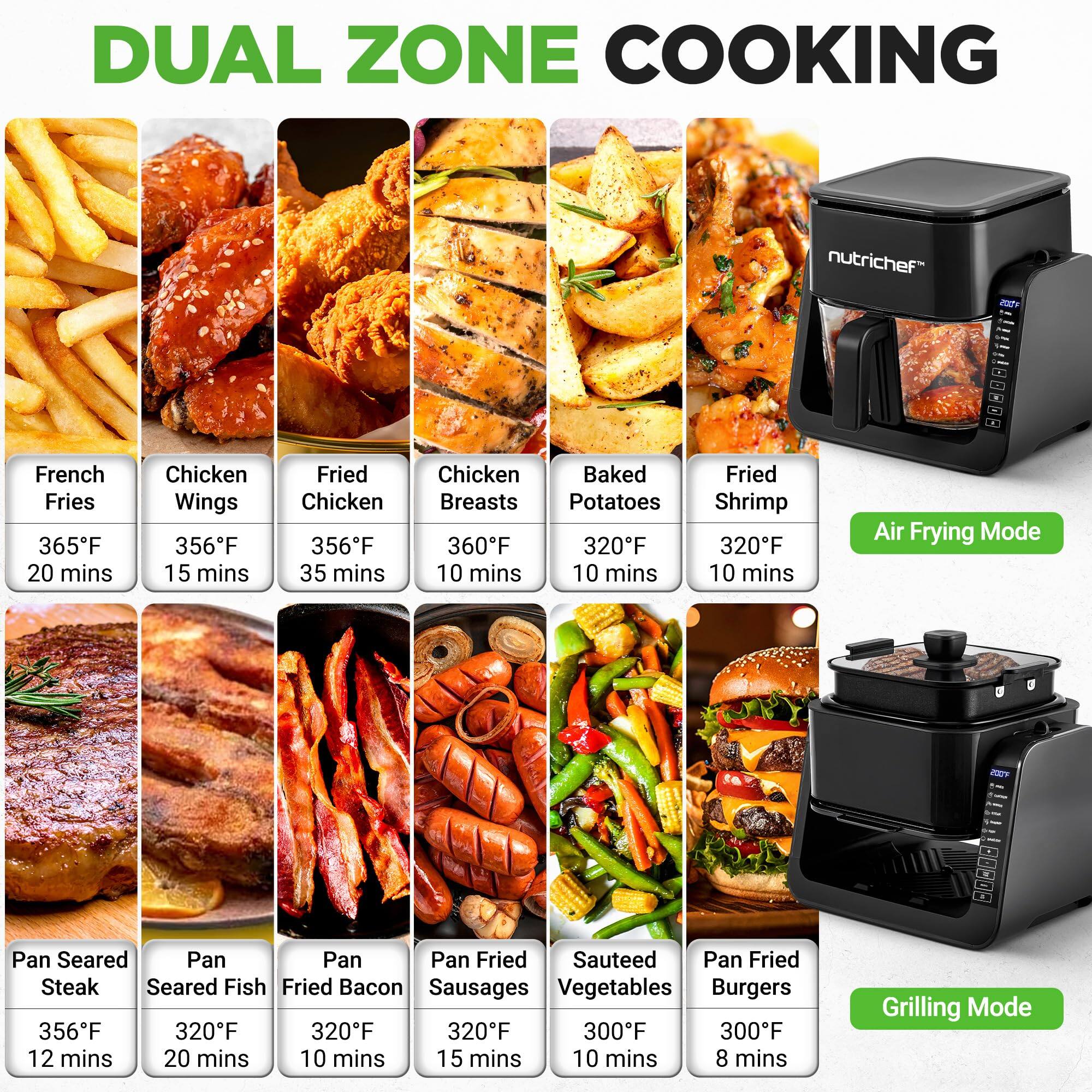 DUAL ZONE COOKING

nutrichef

- French Fries: 365°F, 20 mins
- Chicken Wings: 356°F, 15 mins
- Fried Chicken: 356°F, 35 mins
- Chicken Baked Breasts: 360°F, 10 mins
- Potatoes: 320°F, 10 mins
- Fried Shrimp: 320°F, 10 mins

Air Frying Mode

- Pan Seared Steak: 356°F, 12 mins
- Pan Seared Fish: 320°F, 20 mins
- Pan Fried Bacon: 320°F, 10 mins
- Pan Fried Sausages: 320°F, 15 mins
- Sautéed Vegetables: 300°F, 10 mins
- Pan Fried Burgers: 300°F, 8 mins

Grilling Mode