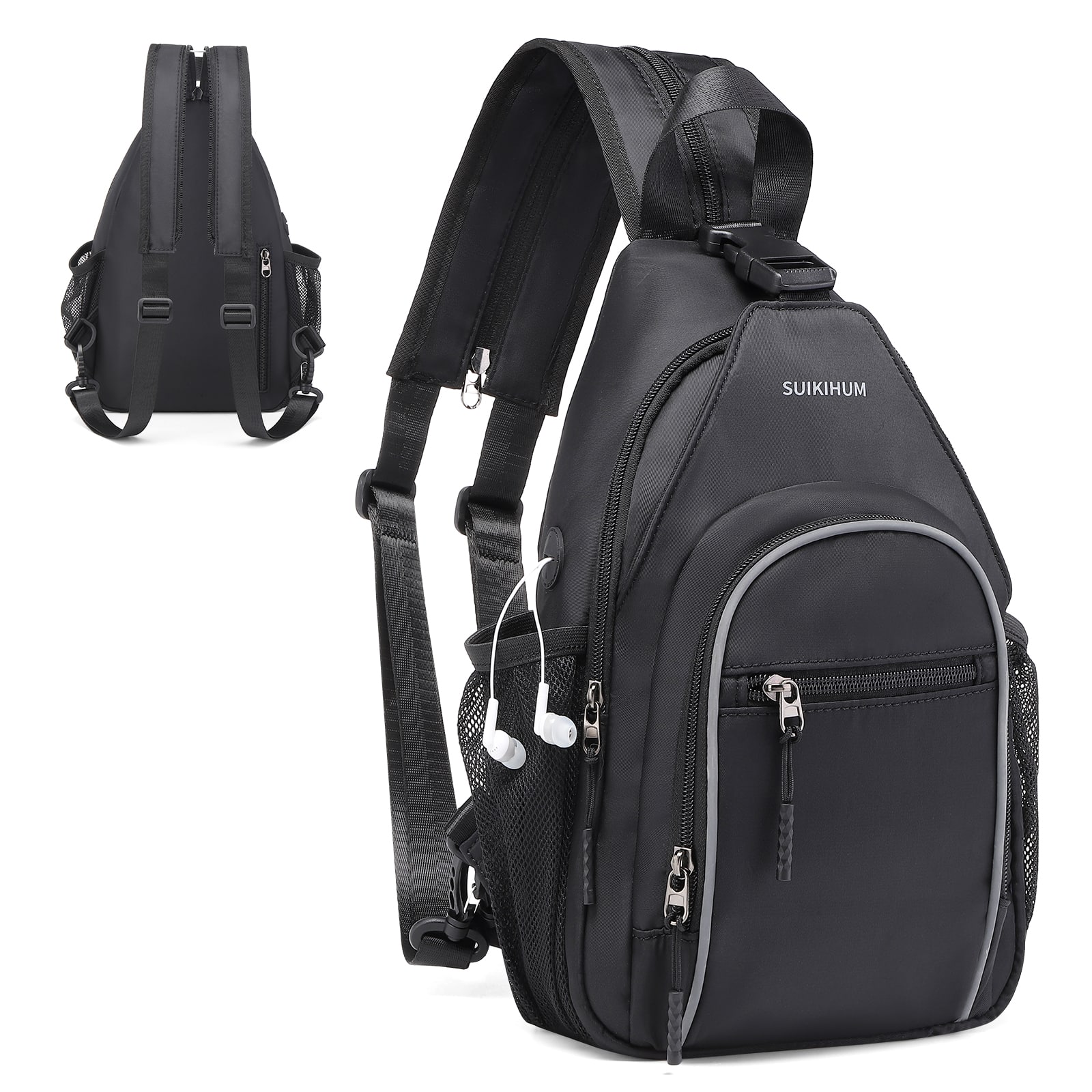 Unique Bargains - Crossbody Sling Bag with Water Bottle Holder 8.3" Convertible Small Backpack Anti Theft Daypack Chest Fanny Pack - Black