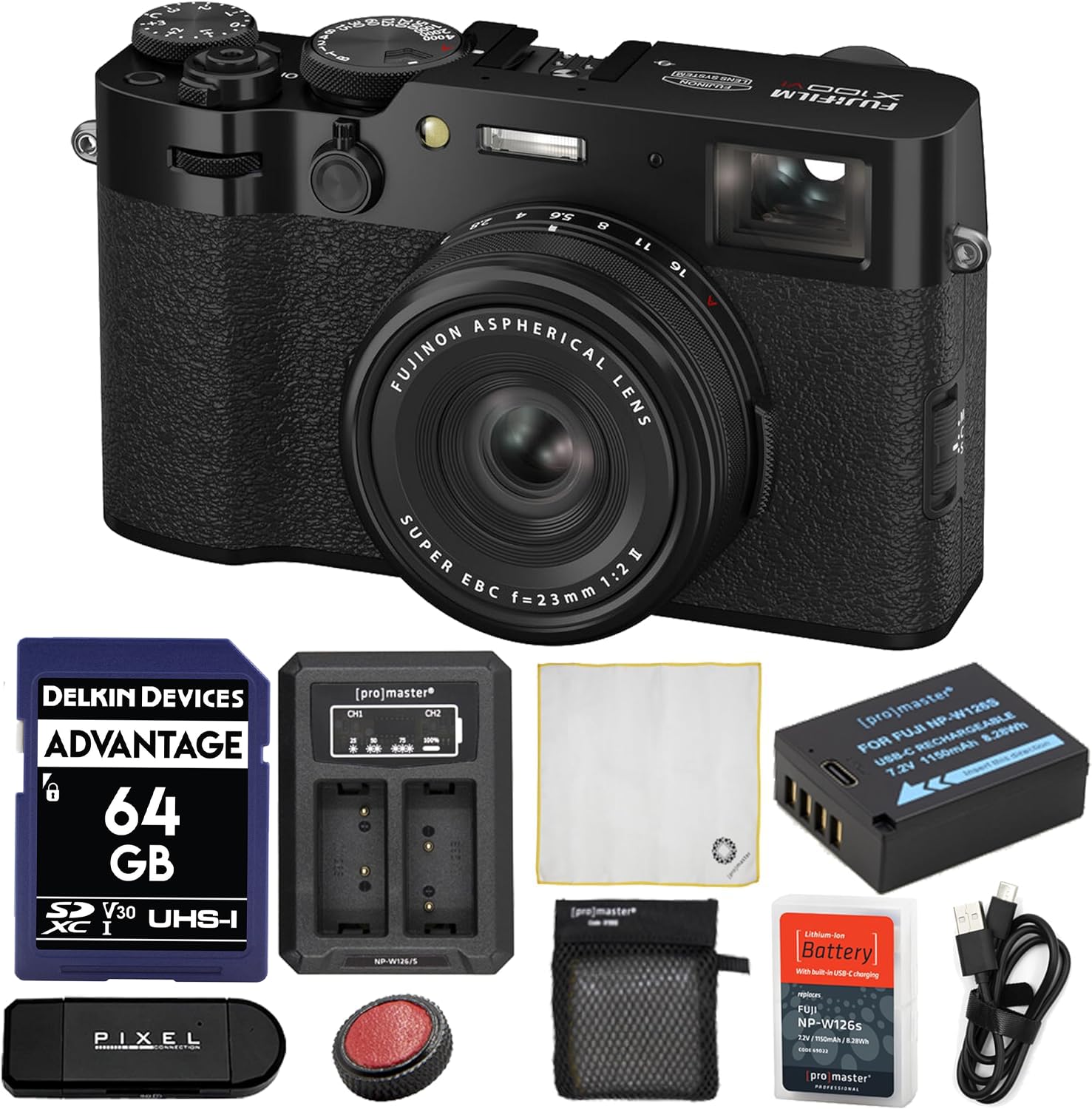 Fujifilm - X100VI Digital Camera Bundle with Extra Battery & Dually Charger, 3-in-1 Card Reader & More | Fuji X100VI - Black
