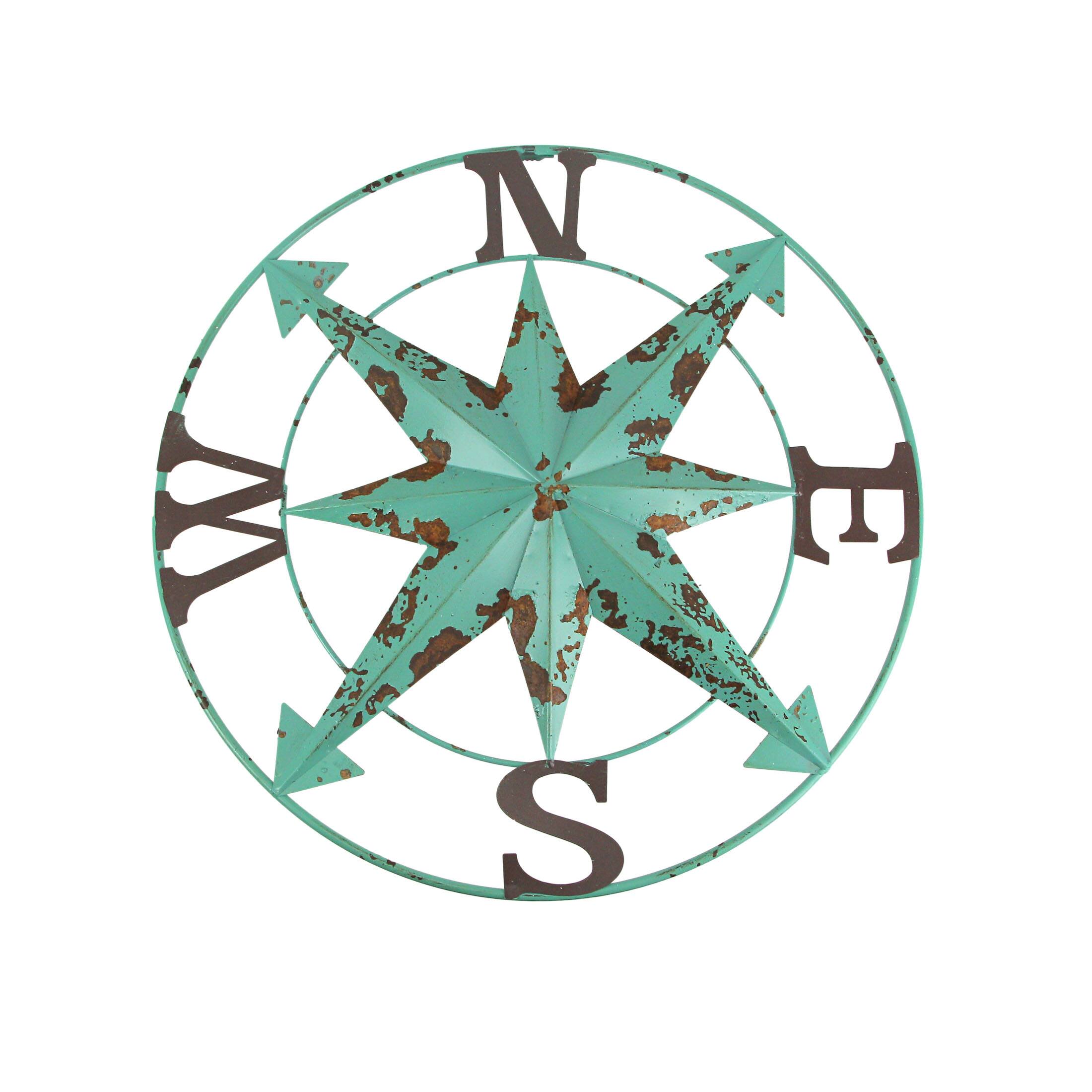 Front. Special T Imports - 24 Inch Distressed Turquoise Metal Nautical Compass Rose Wall Decor Hanging Art - Turquoise.