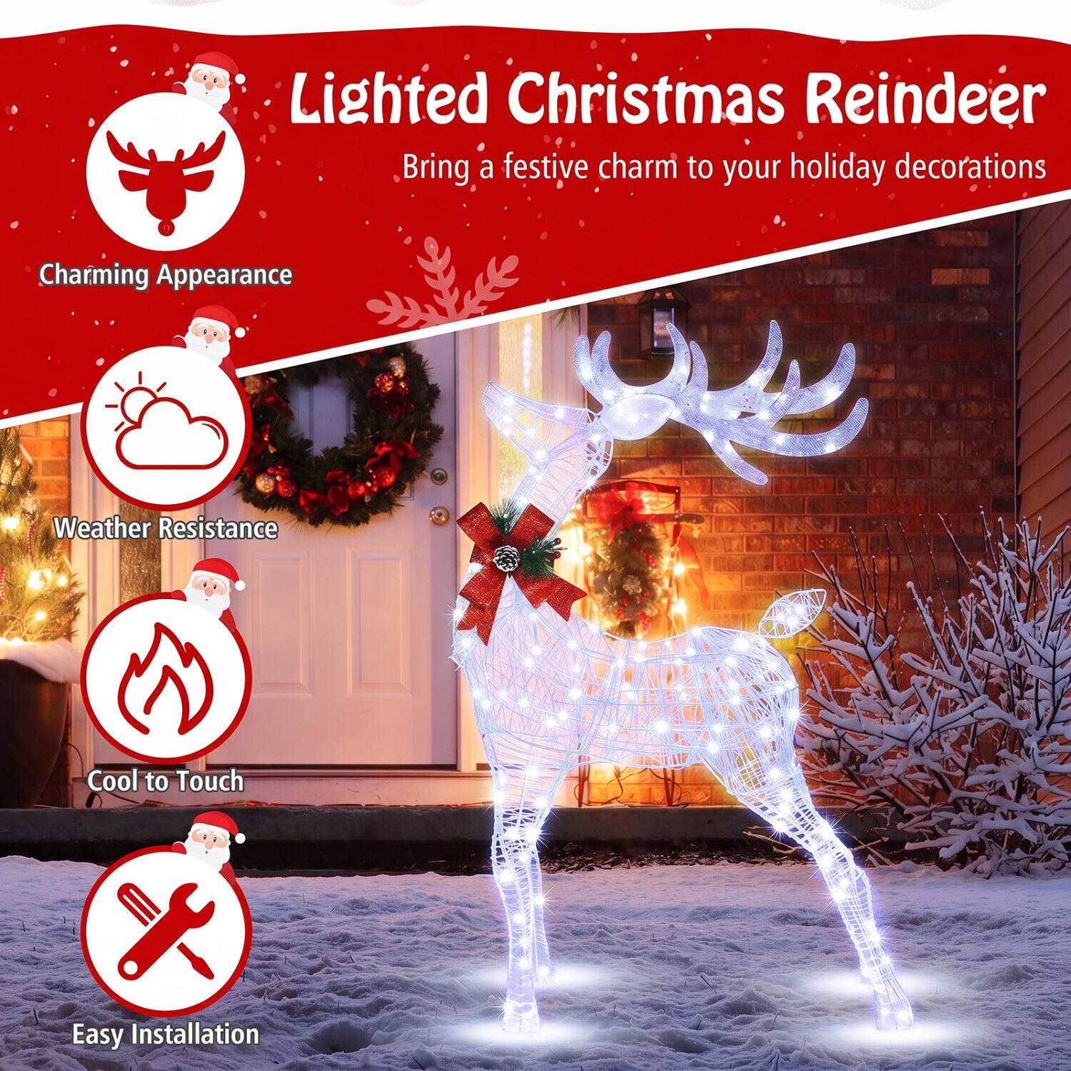 Lighted Christmas Reindeer  
Bring a festive charm to your holiday decorations

- Charming Appearance
- Weather Resistance
- Cool to Touch
- Easy Installation