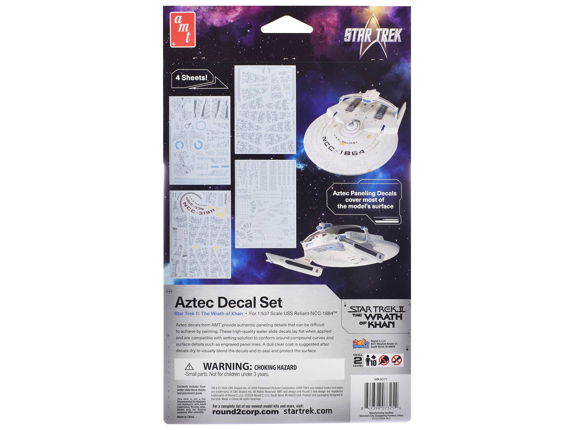 Sure, here is the corrected and grouped text from the image:

---

**a m t**

**4 Sheets!**

**STAR TREK**

**Aztec Decal Set**

**II: The Wrath of Khan**  
**For 1:537 Scale USS Reliant-NCC-1864**

Aztec Paneling Decals cover most of the model's surface. Aztec Decal Set Star Trek II: The Wrath of Khan. For 1:537 Scale USS Reliant-NCC-1864. Artec decals from AMT provide authentic paneling details that can be difficult to achieve by painting. These high-quality water-slide decals lay flat when applied and are compatible with setting solution to conform around compound curves and surface details such as engraved panel lines. A dull clear coat is suggested after decals dry to visually blend the decals and to seal and protect the surface.

**WARNING: CHOKING HAZARD - Small parts. Not for children under 3 years.**

**Aztec Decal Set**

**II: The Wrath of Khan**  
**For 1:537 Scale USS Reliant-NCC-1864**

Aztec decals from AMT provide authentic paneling details that can be