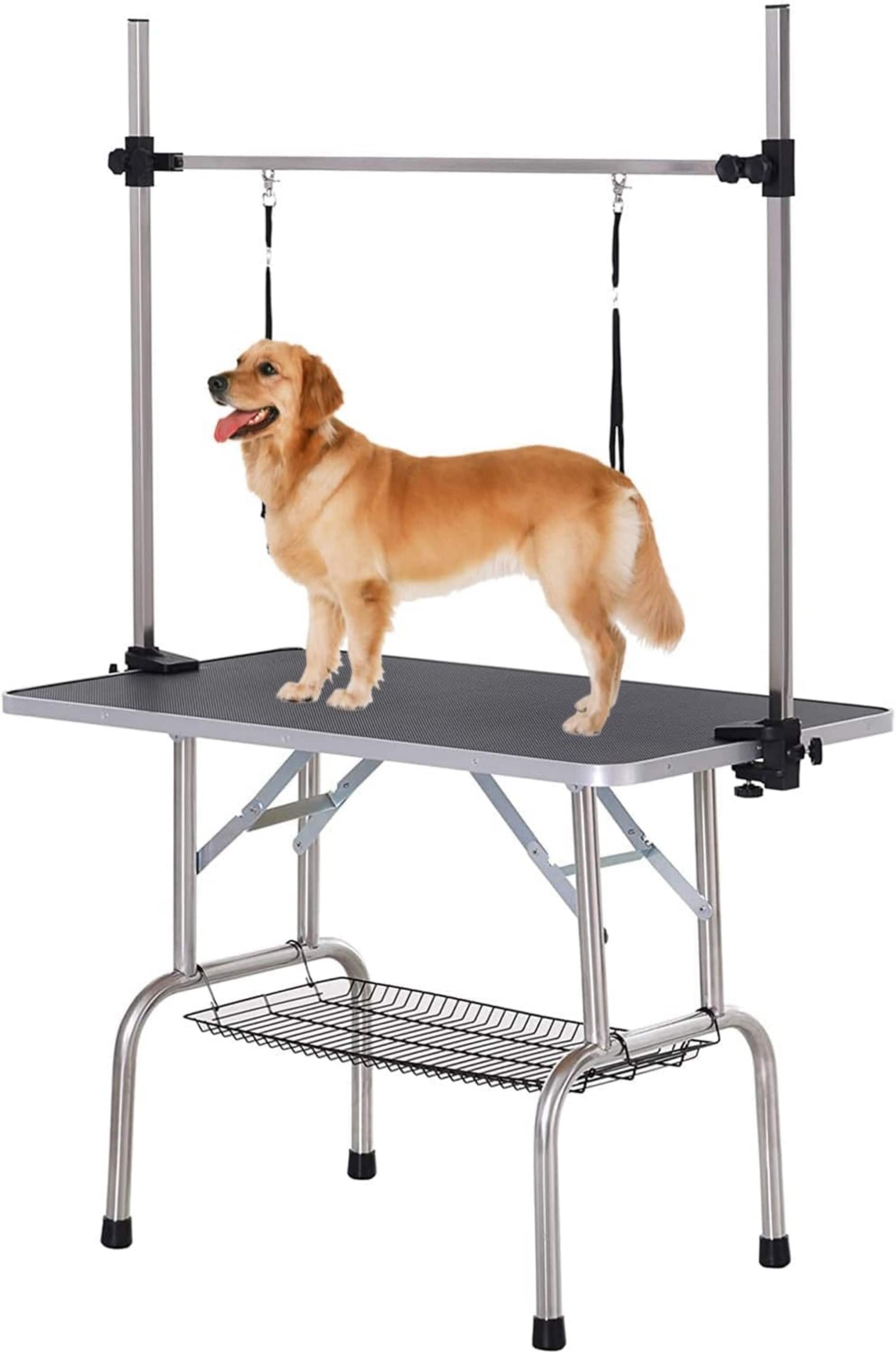 Glintex - 42" Stainless steel Folding Pet Grooming Table,Dressing Table,Adjustable Arm and Storage Basket for Home and Pet Salon