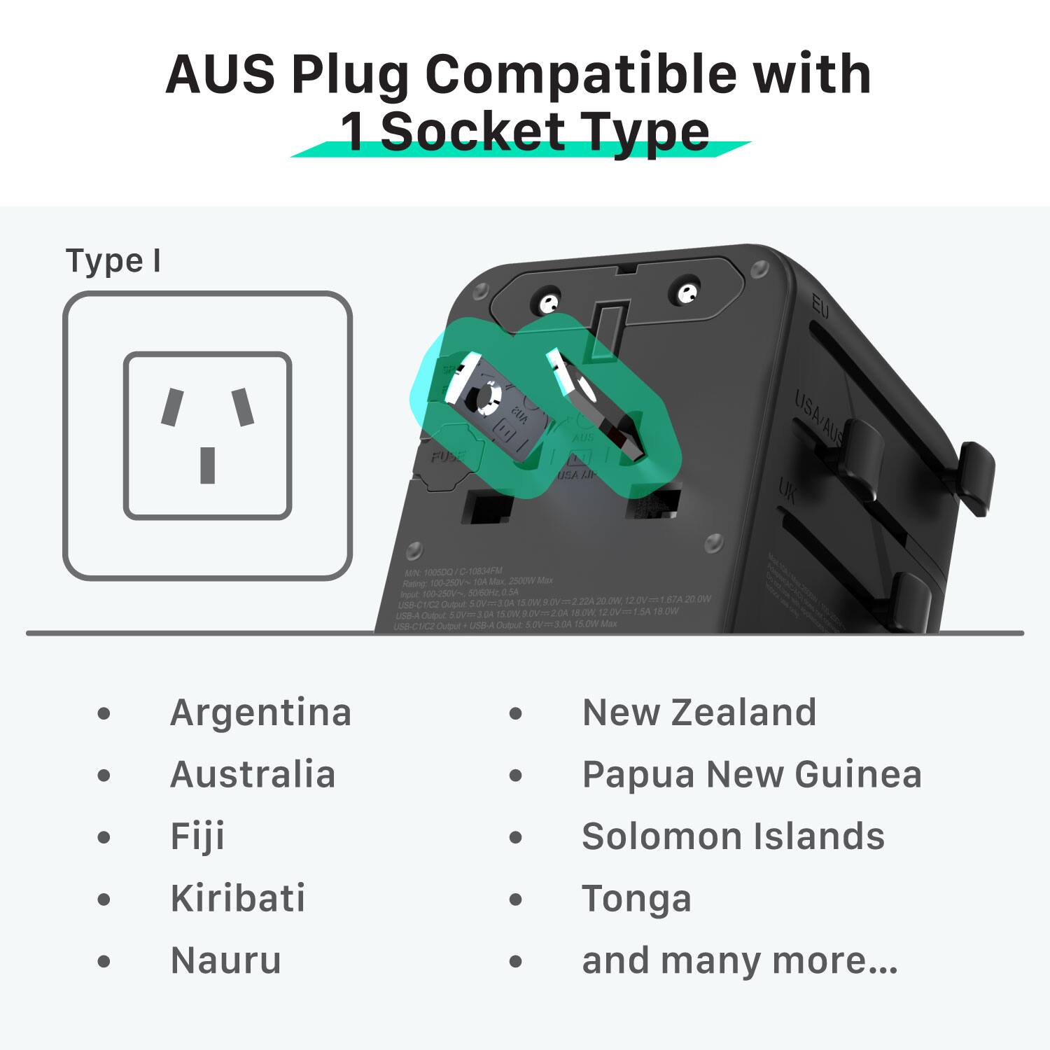 AUS Plug Compatible with 1 Socket Type

Type I

- Argentina
- Australia
- Fiji
- Kiribati
- Nauru
- New Zealand
- Papua New Guinea
- Solomon Islands
- Tonga
- and many more...