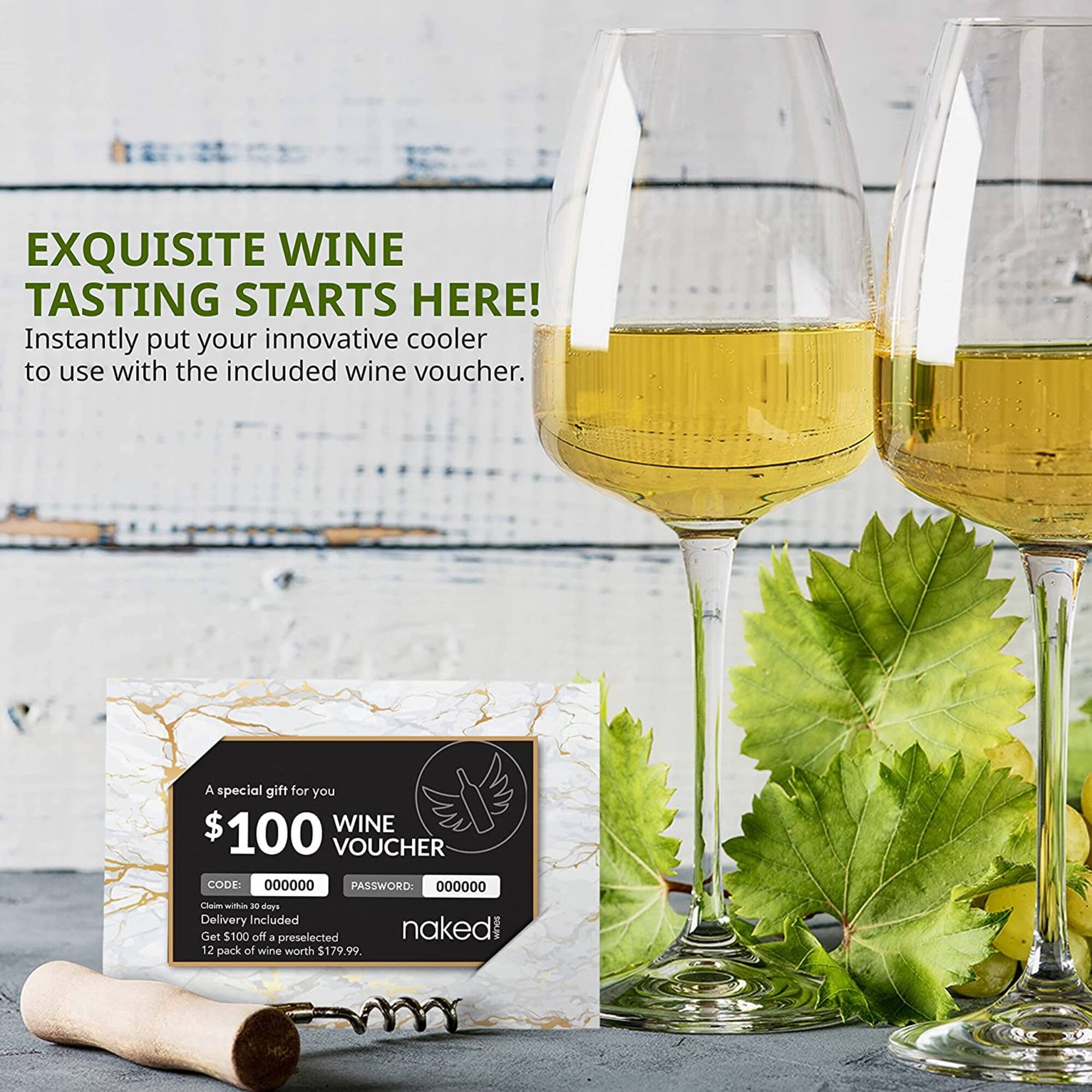 EXQUISITE WINE TASTING STARTS HERE!  
Instantly put your innovative cooler to use with the included wine voucher.

A special gift for you  
$100 WINE VOUCHER  
CODE: 000000  
PASSWORD: 000000  

Deliver within 20 days  
Delivery Included  
Get $100 off a preselected naked 12 pack of wine worth $179.99.