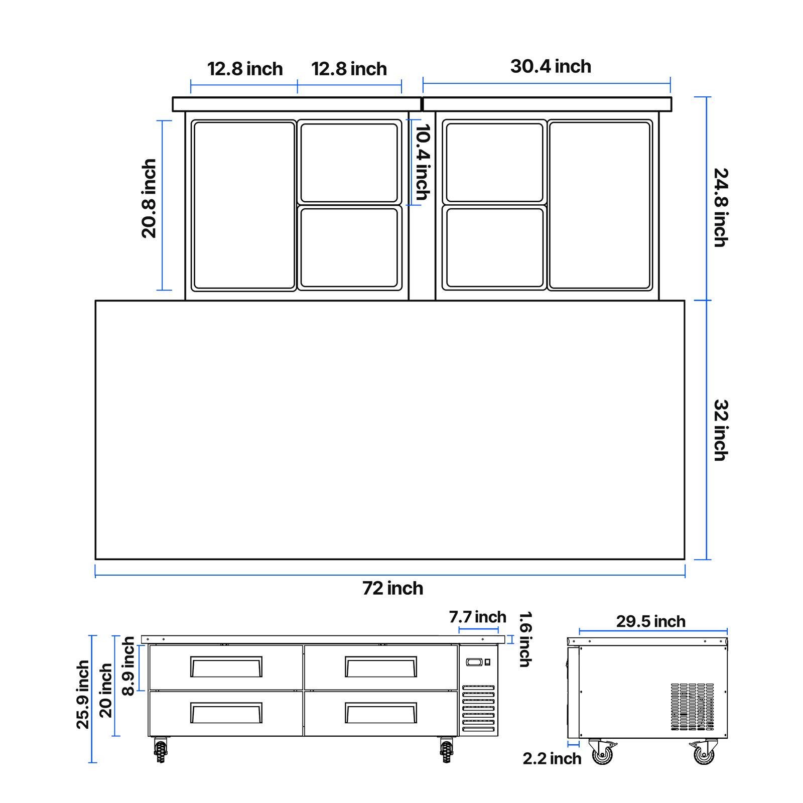 12.8 inch  
12.8 inch  
30.4 inch  
20.8 inch  
10.4 inch  
24.8 inch  
32 inch  
72 inch  
25.9 inch  
20 inch  
8.9 inch  
7.7 inch  
1.6 inch  
2.2 inch  
29.5 inch