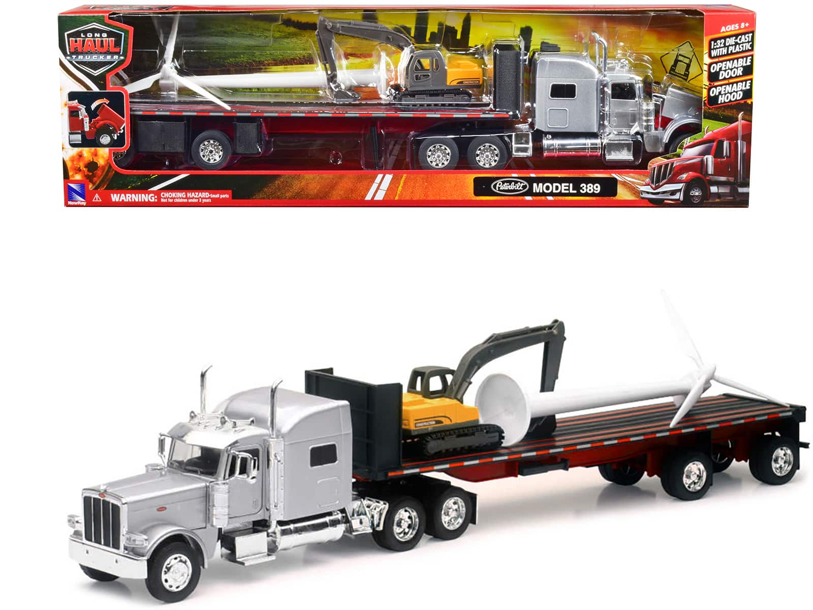 New Ray - Peterbilt 389 Truck with Flatbed Trailer Excavator and Wind Turbine 1/32 "Long Haul Truckers" - Silver Metallic