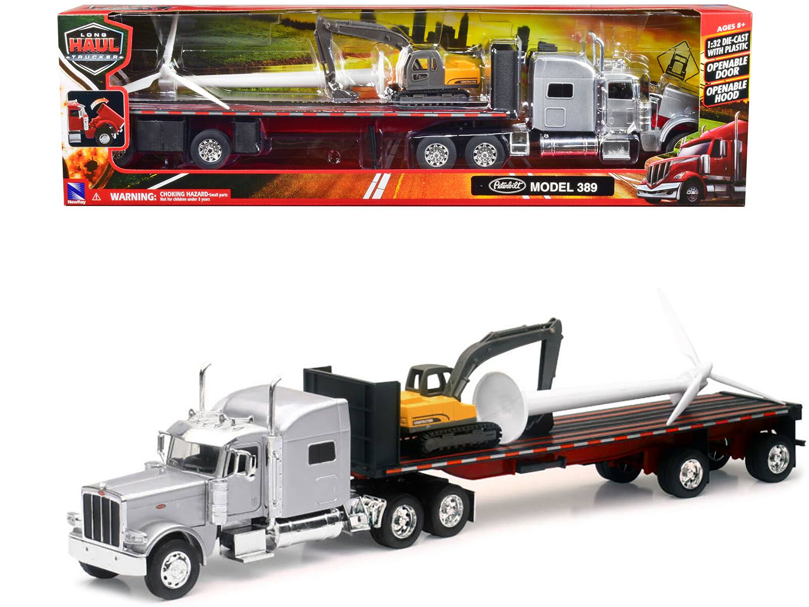 LONG HAUL TRUCKER  
AGES 8+  
1:32 DIE-CAST WITH PLASTIC  
OPENABLE DOOR  
OPENABLE HOOD  

WARNING: CHOKING HAZARD - Small parts. Not for children under 3 years.  

MODEL 389  

Patrolbilt
