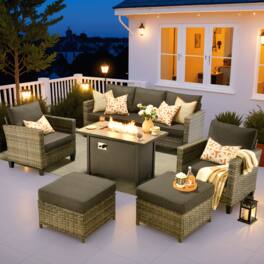 Ovios - 7 PCS Patio Furniture Set 3 Seat Sofa with Comfy Armchairs, Ottoman & 42" Fire Pit Table - Black
