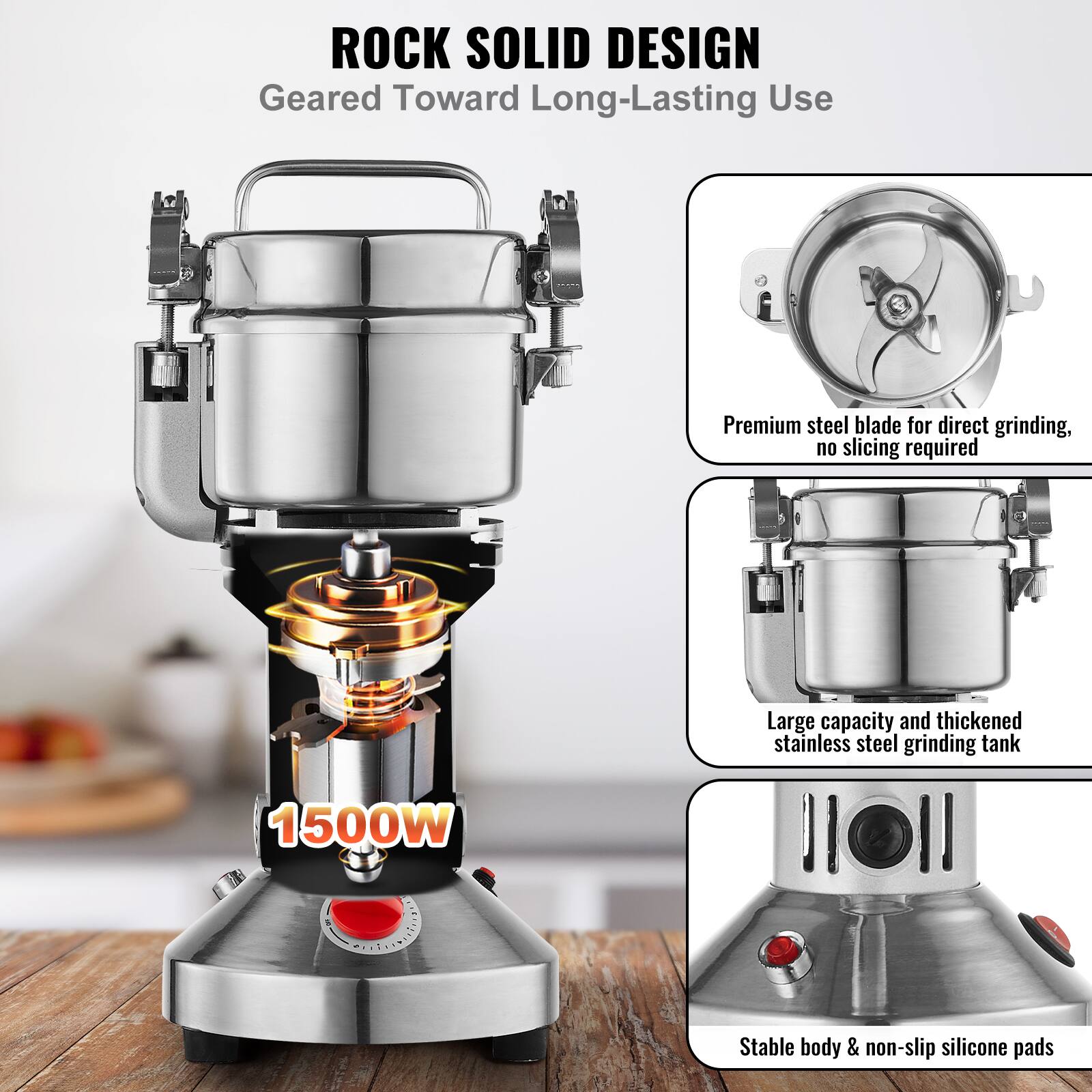 **ROCK SOLID DESIGN**  
Geared Toward Long-Lasting Use

- Premium steel blade for direct grinding, no slicing required
- Large capacity and thickened stainless steel grinding tank
- 1500W
- Stable body & non-slip silicone pads