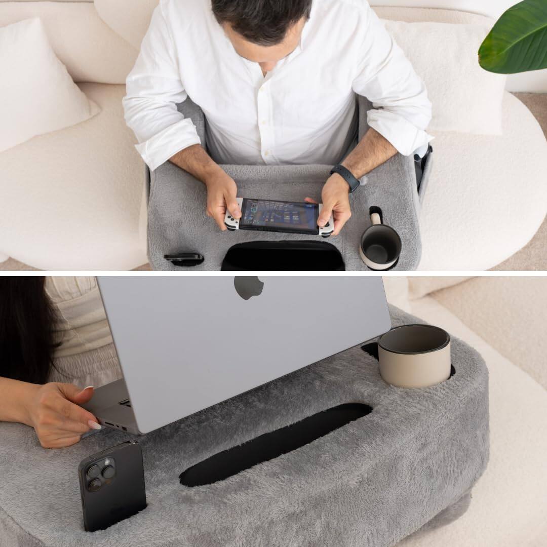 Left. Fabibe - Reading Pillow For Gaming - Extra Large Lap Desk & Arm Rest With Cup Phone Holder Adjustable Heights Laptop - Gray.