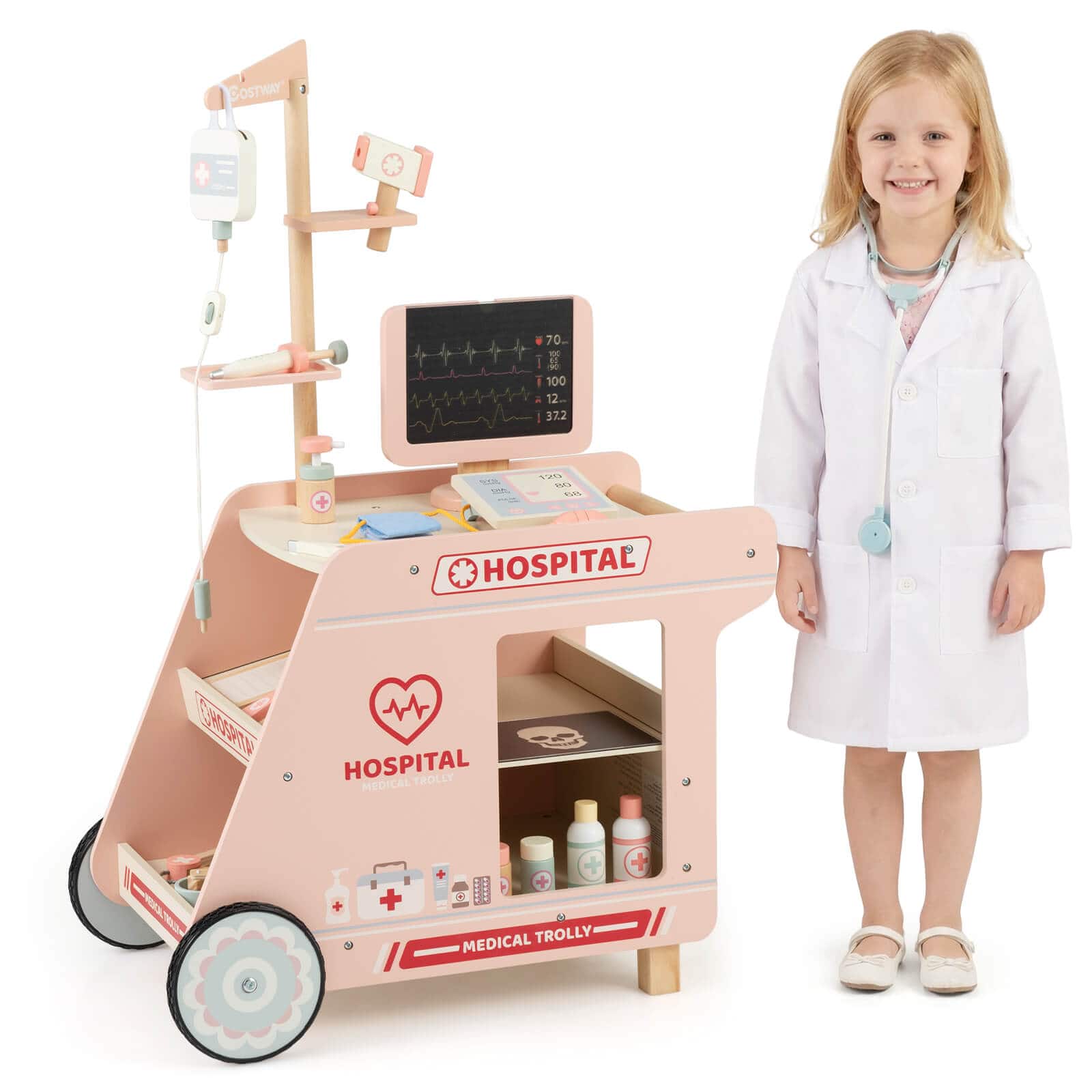 Costway - Wooden Doctor Playset with Cart Toy Accessories for Toddlers - Pink
