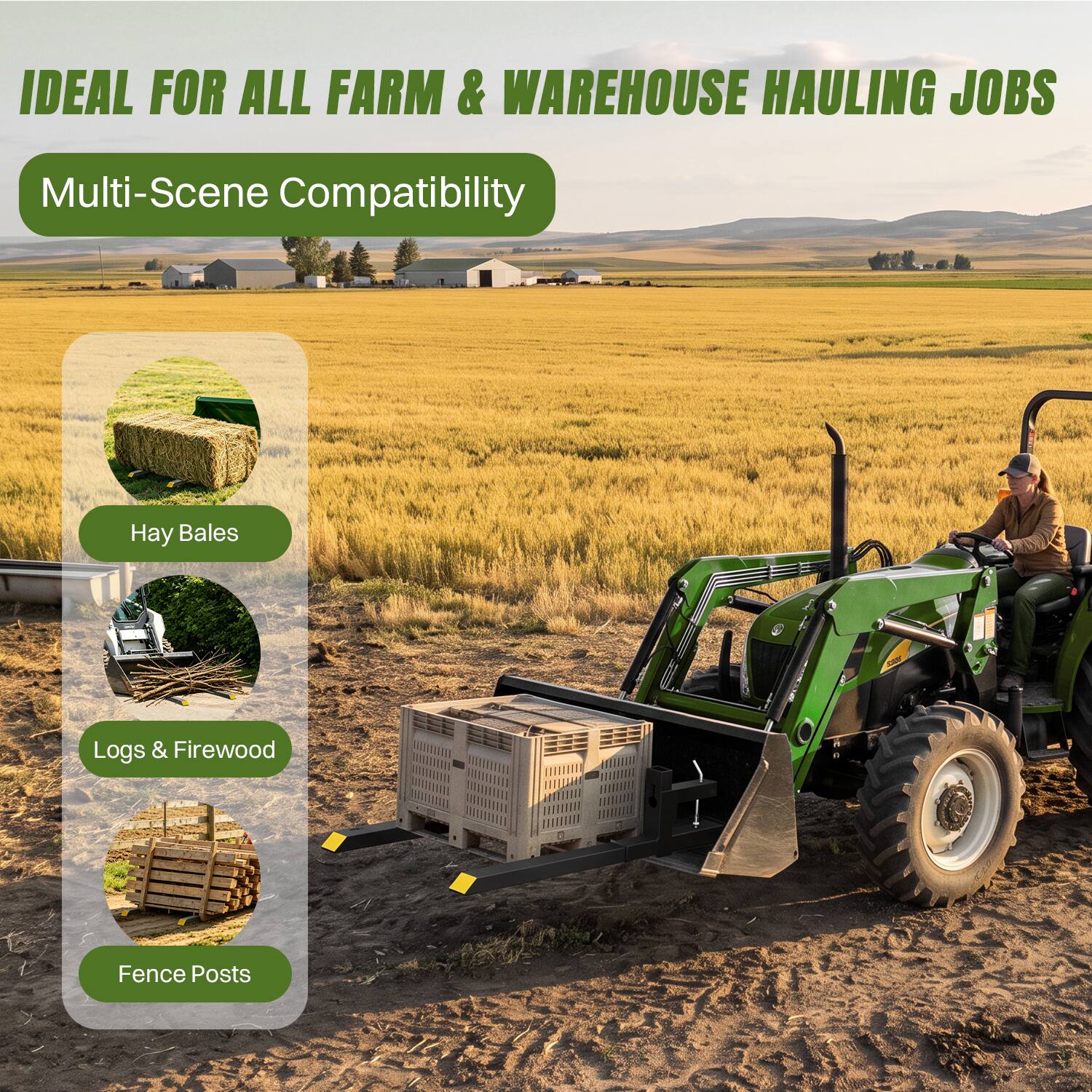 IDEAL FOR ALL FARM & WAREHOUSE HAULING JOBS

Multi-Scene Compatibility

- Hay Bales
- Logs & Firewood
- Fence Posts