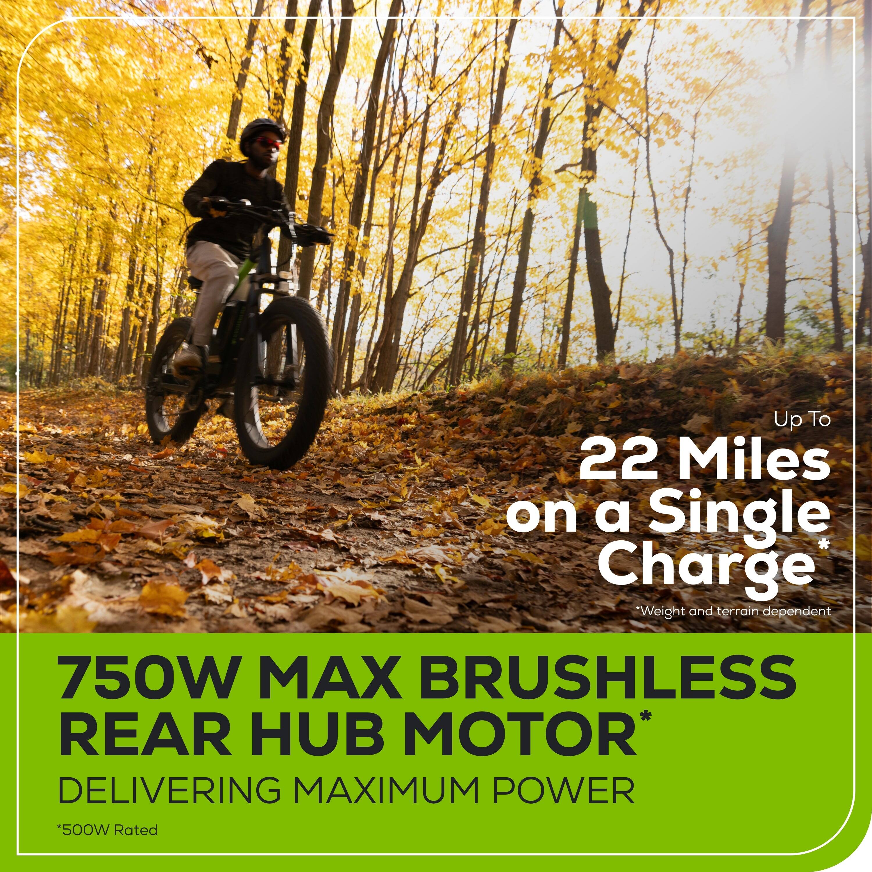 Up To 22 Miles on a Single Charge  
*Weight and terrain dependent  

750W MAX BRUSHLESS REAR HUB MOTOR*  
DELIVERING MAXIMUM POWER  
*500W Rated