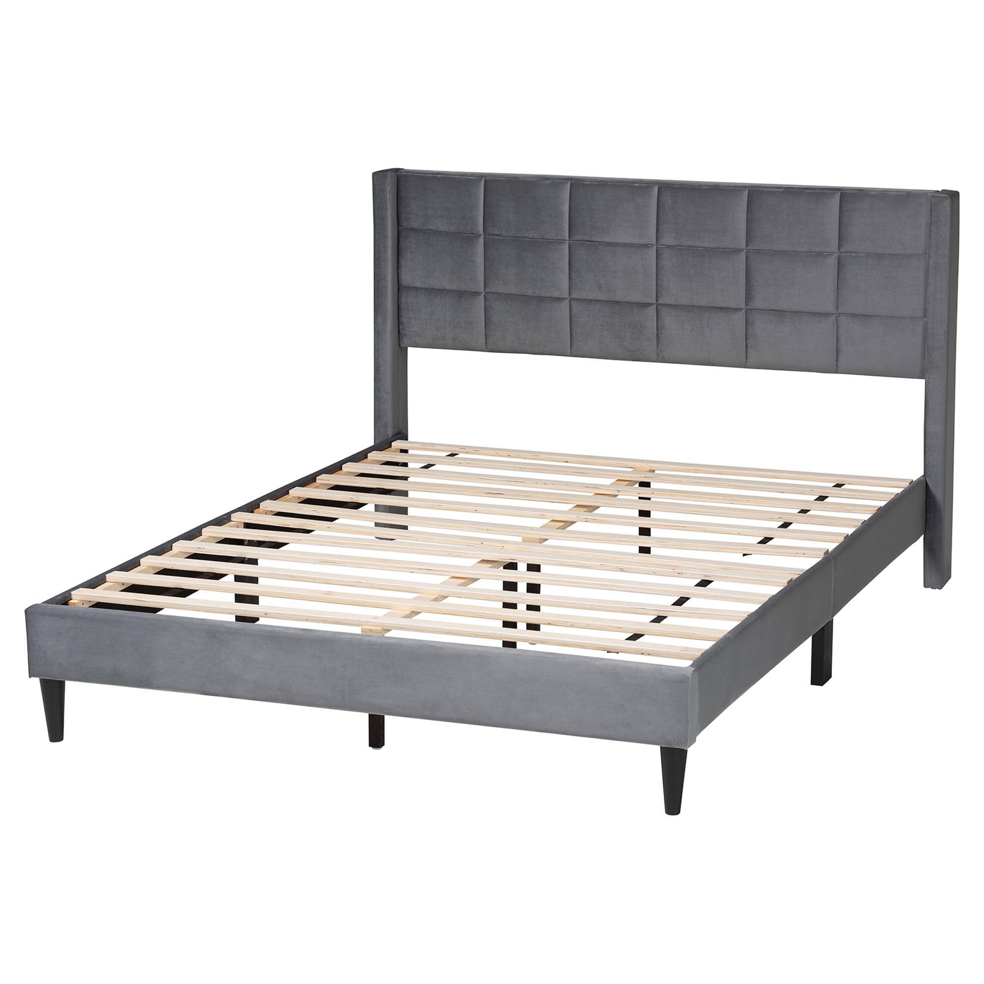 Left. Baxton Studio - Payne Modern Glam Velvet and Dark Brown Wood Queen Bed - Grey/Black.