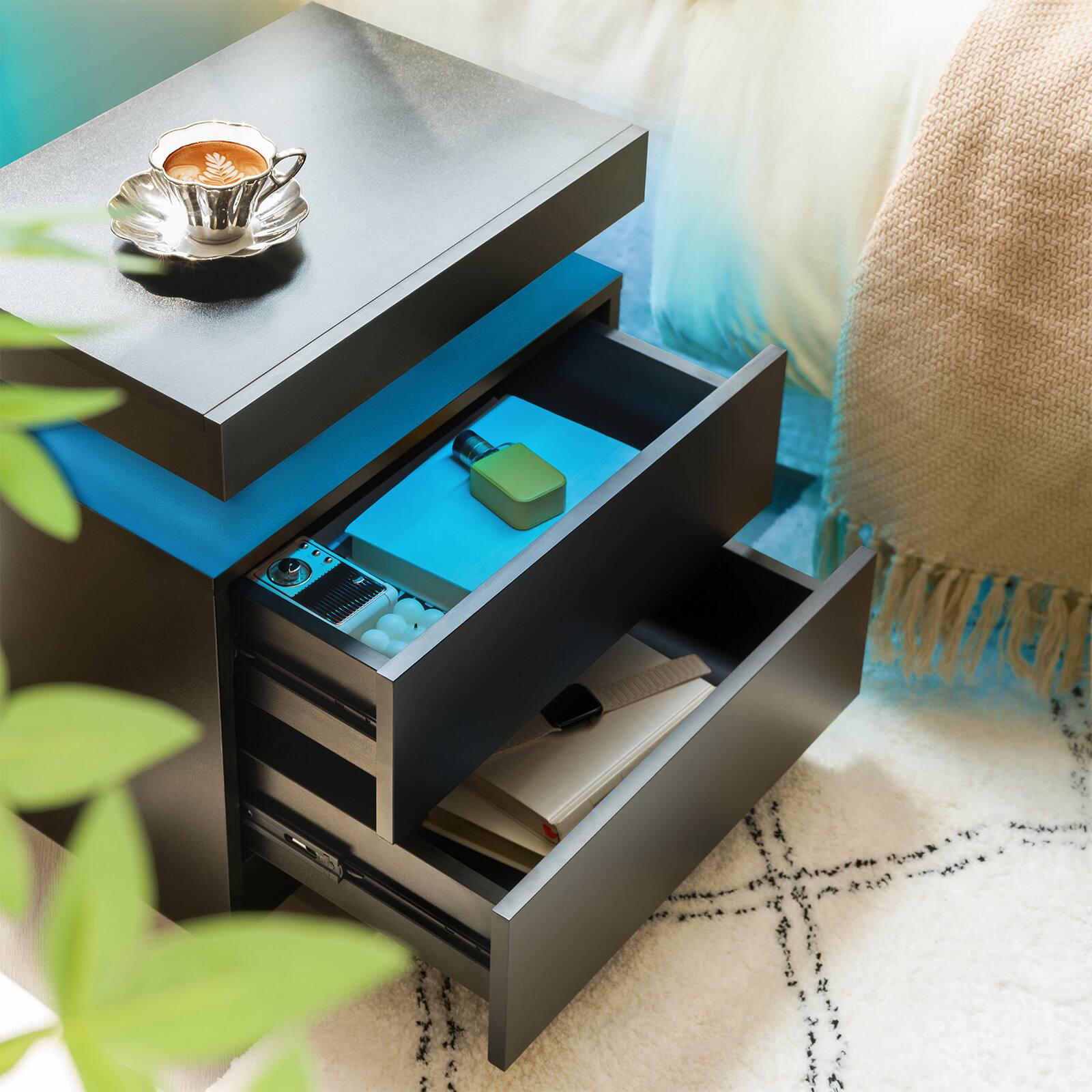 Alt View 4. Meqiodas - Nightstand LED Bedside Table Cabinet Lights Modern End Side with 2 Drawers for Bedroom - Black.